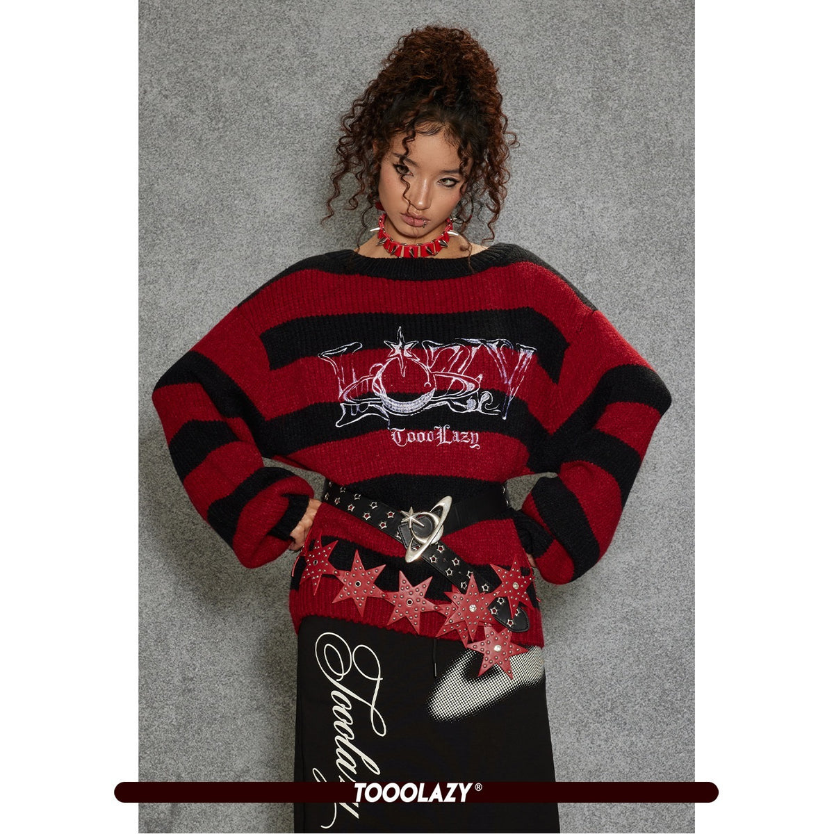 TOOOLAZY_Red_Black_Stripe_Loose_Fit_Round_Neck_Women's_Acrylic_Blend_Pullover_Sweaters_985300311056_MISSTT
