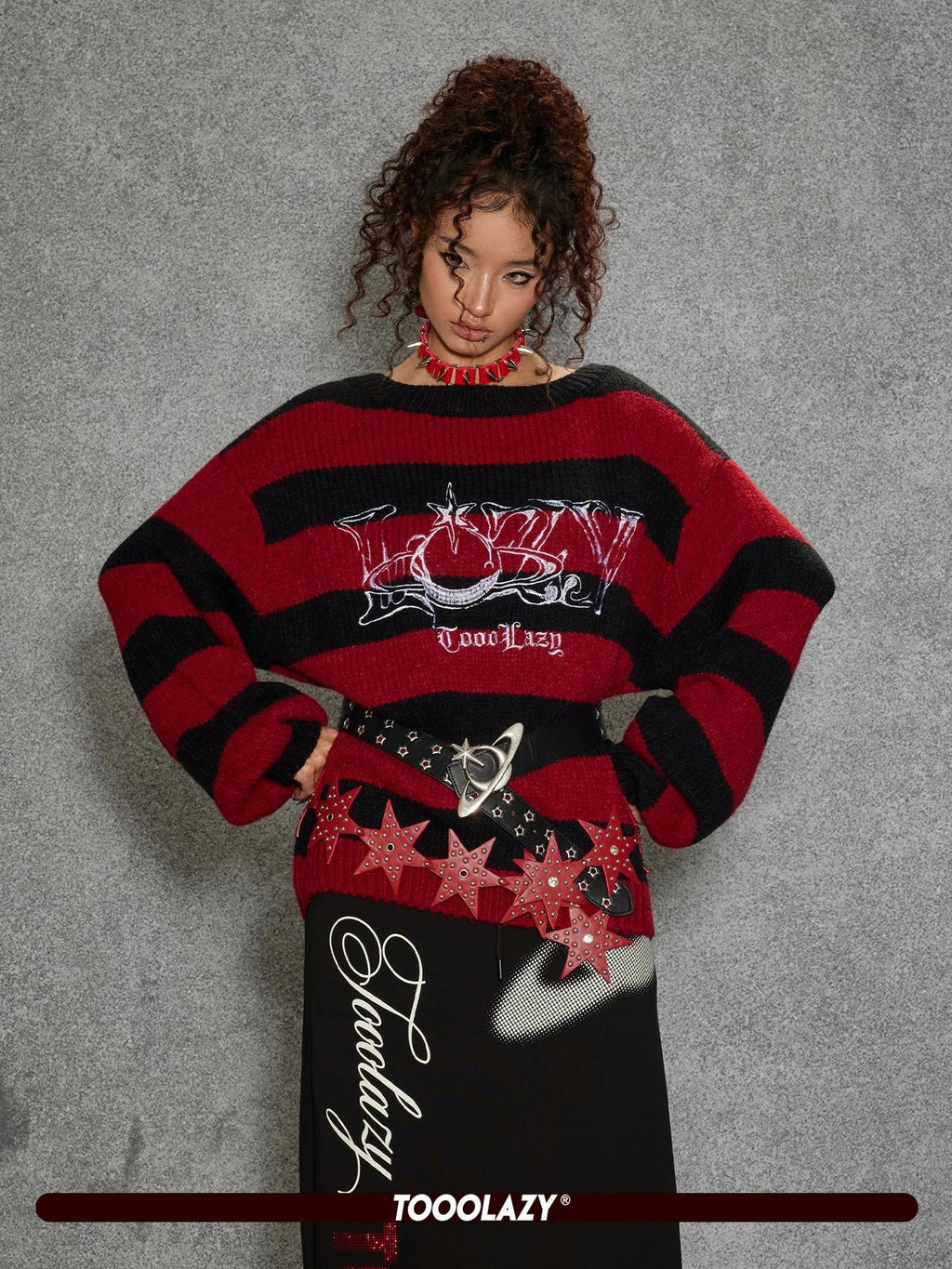 TOOOLAZY Red Black Stripe Loose Fit Round Neck Women's Acrylic Blend Pullover Sweaters