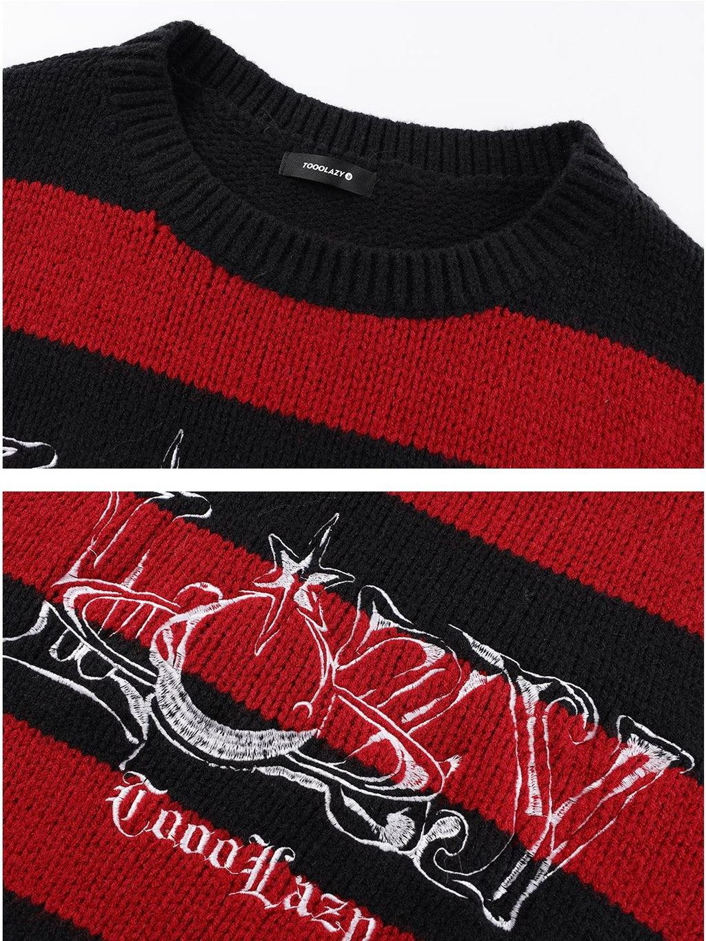 TOOOLAZY Red Black Stripe Loose Fit Round Neck Women's Acrylic Blend Pullover Sweaters