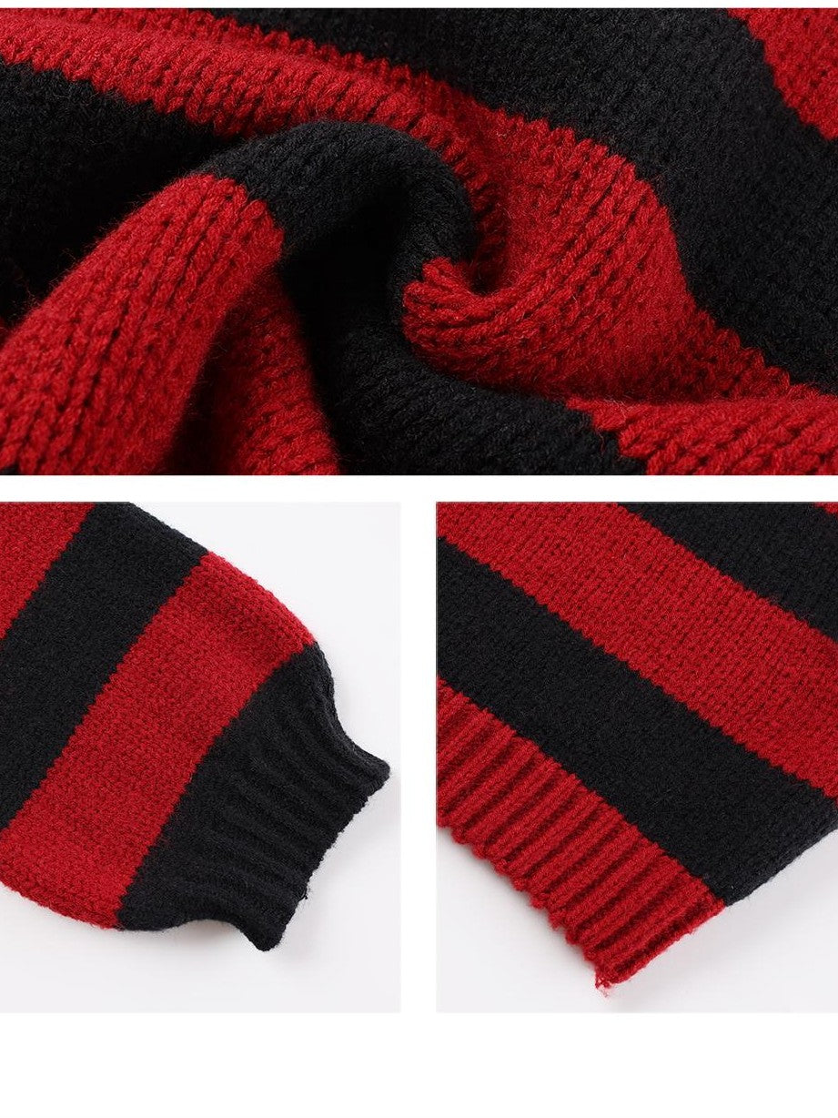 TOOOLAZY Red Black Stripe Loose Fit Round Neck Women's Acrylic Blend Pullover Sweaters