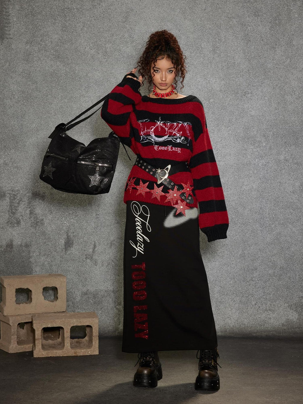 TOOOLAZY Red Black Stripe Loose Fit Round Neck Women's Acrylic Blend Pullover Sweaters