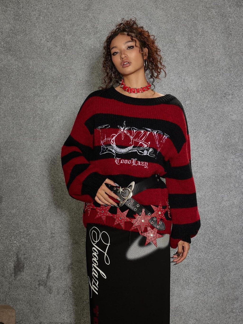 TOOOLAZY Red Black Stripe Loose Fit Round Neck Women's Acrylic Blend Pullover Sweaters