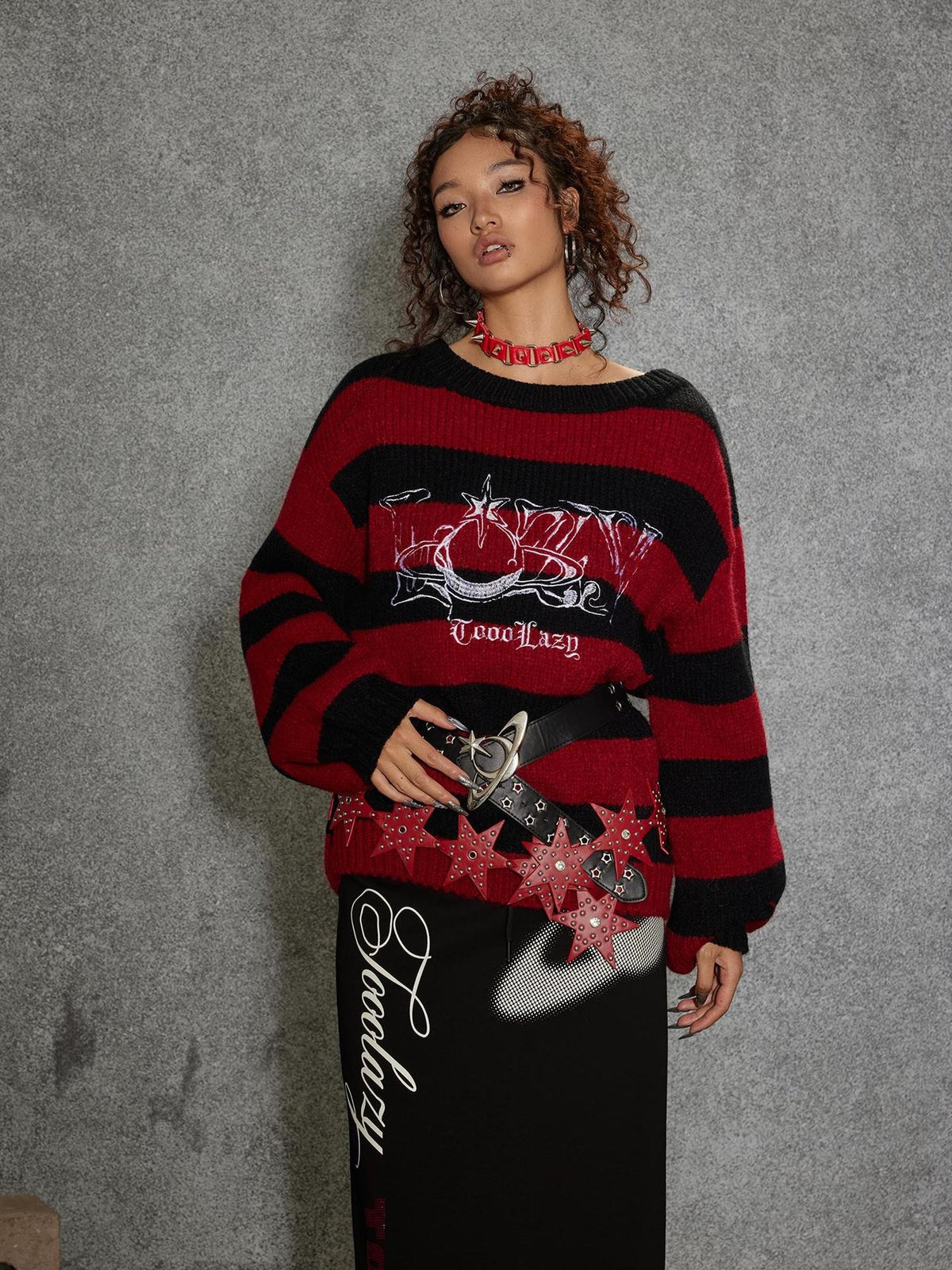 TOOOLAZY Red Black Stripe Loose Fit Round Neck Women's Acrylic Blend Pullover Sweaters