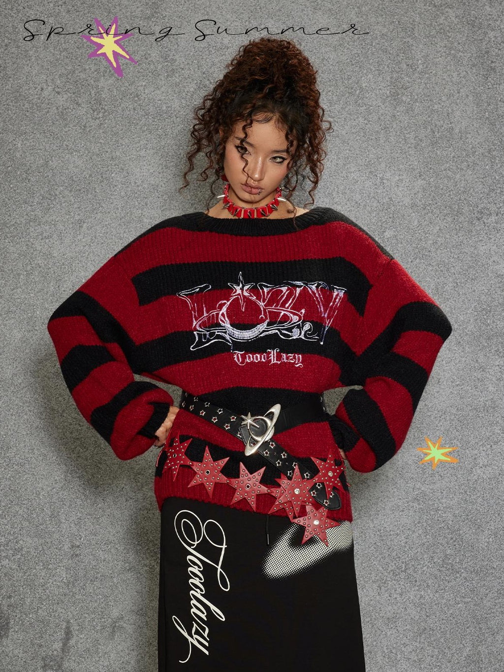 TOOOLAZY Red Black Stripe Loose Fit Round Neck Women's Acrylic Blend Pullover Sweaters