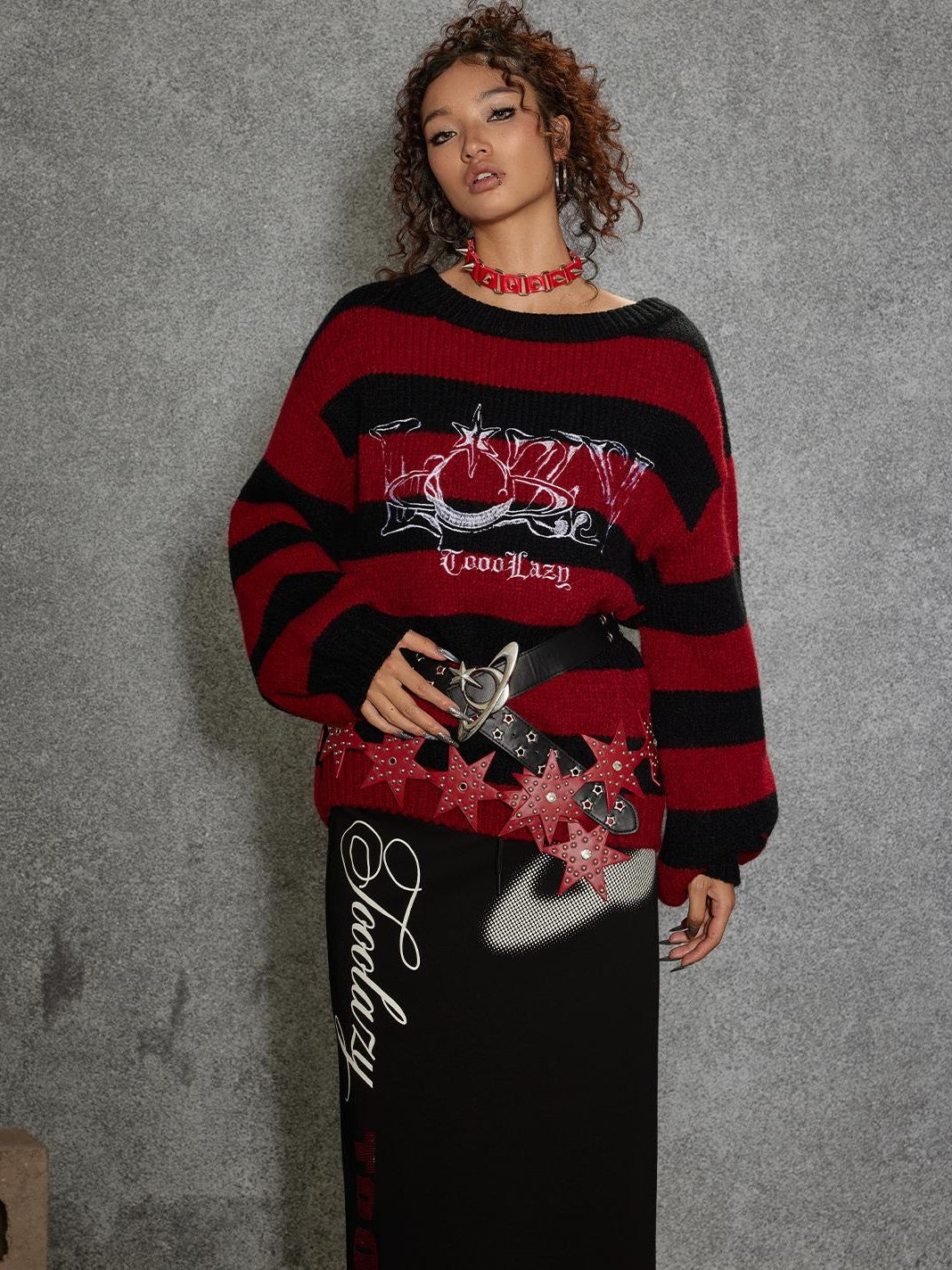 TOOOLAZY Red Black Stripe Loose Fit Round Neck Women's Acrylic Blend Pullover Sweaters