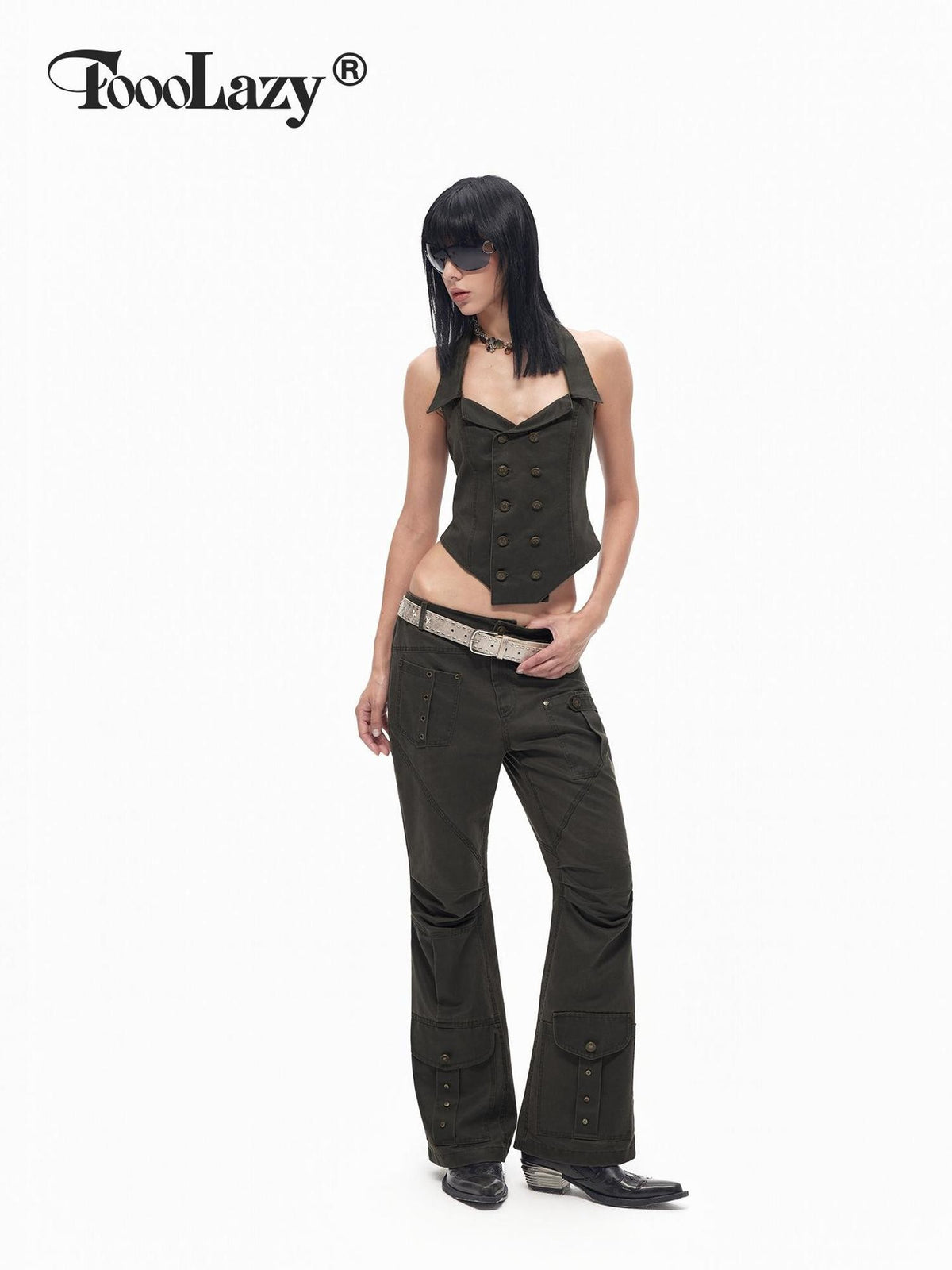 TOOOLAZY Red Brown Studded Cargo Pocket Low Waist 3d Tailored Women's Bootcut Pants