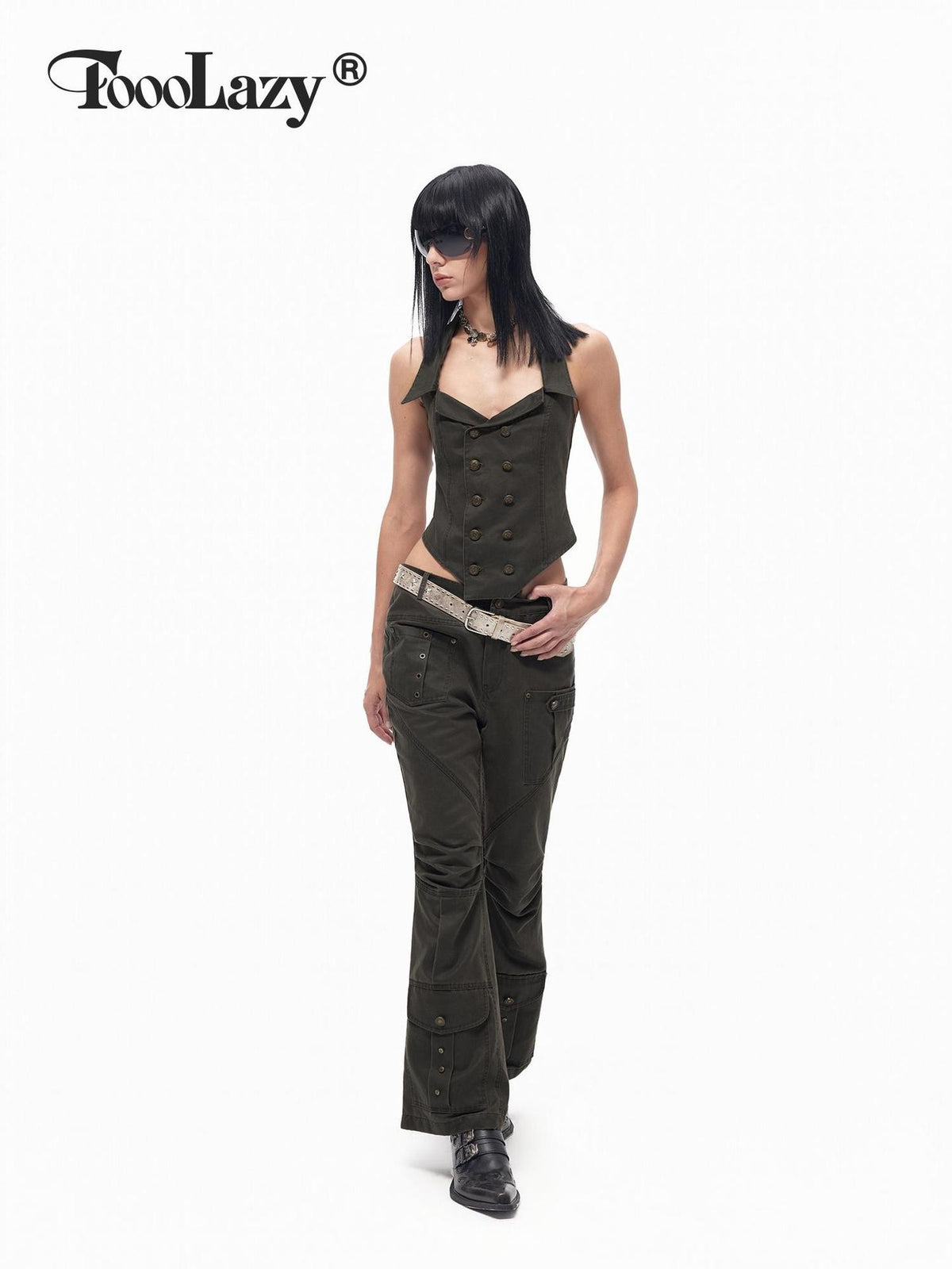 TOOOLAZY Red Brown Studded Cargo Pocket Low Waist 3d Tailored Women's Bootcut Pants