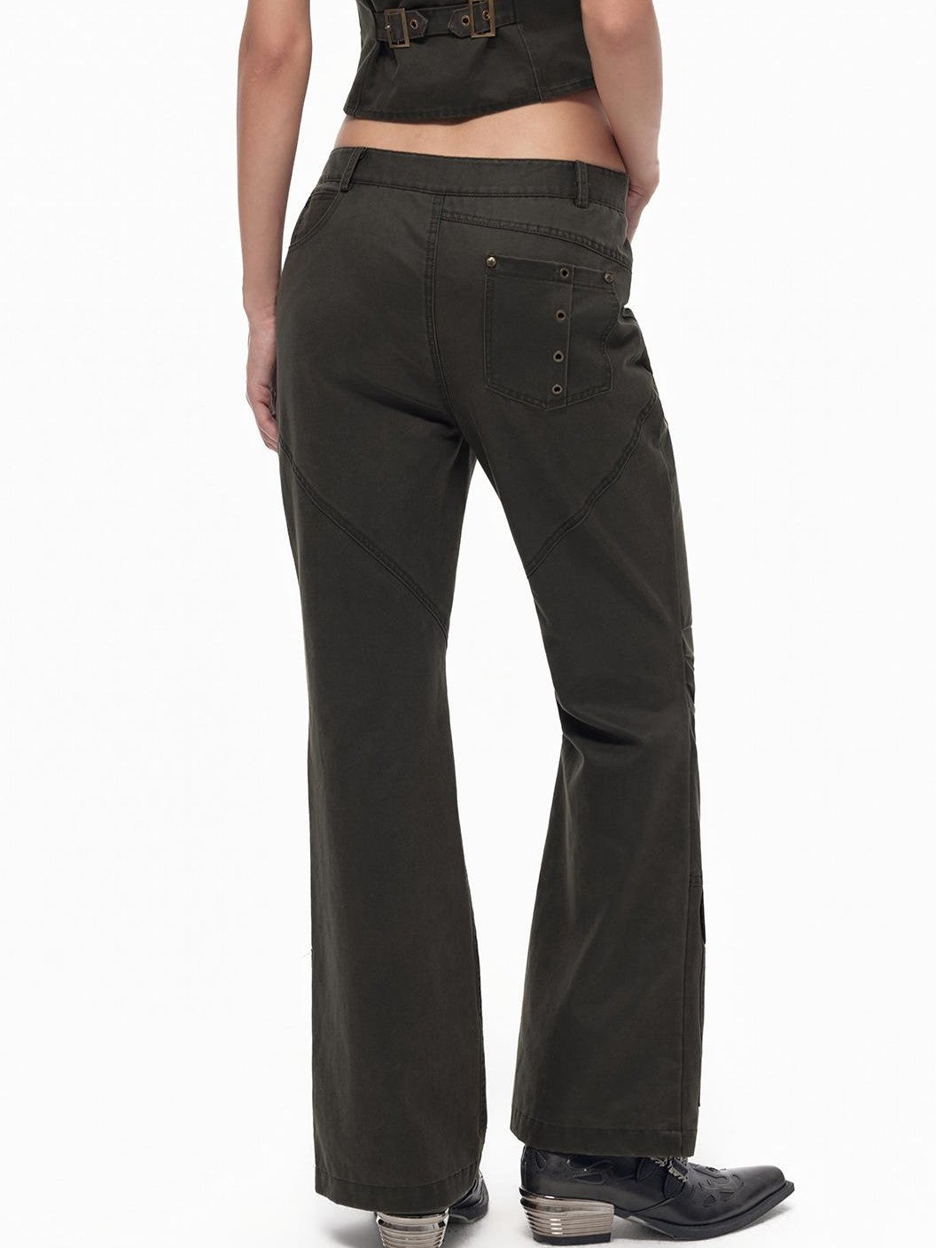 TOOOLAZY Red Brown Studded Cargo Pocket Low Waist 3d Tailored Women's Bootcut Pants