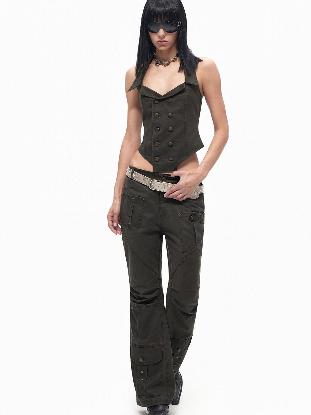 TOOOLAZY Red Brown Studded Cargo Pocket Low Waist 3d Tailored Women's Bootcut Pants