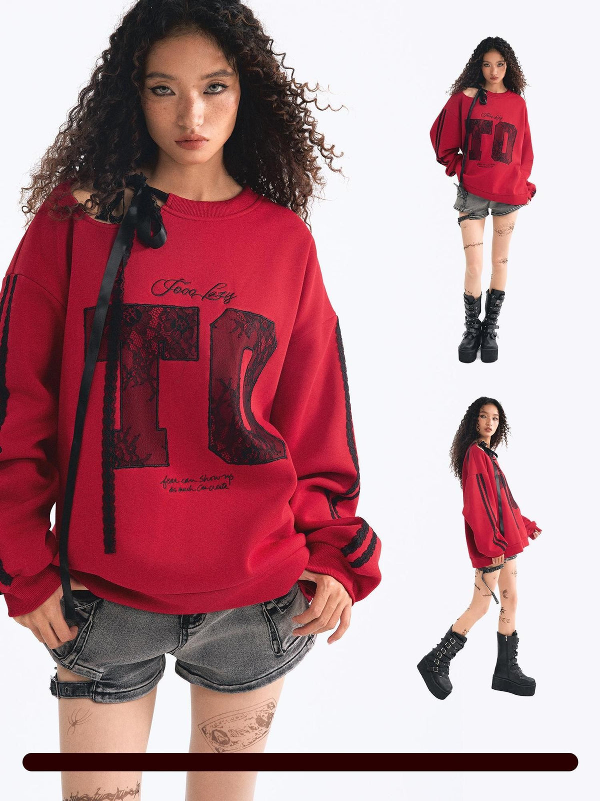 TOOOLAZY Red Embroidered Lace Off Shoulder Tie Detail Women's Casual Pullover Sweatshirts