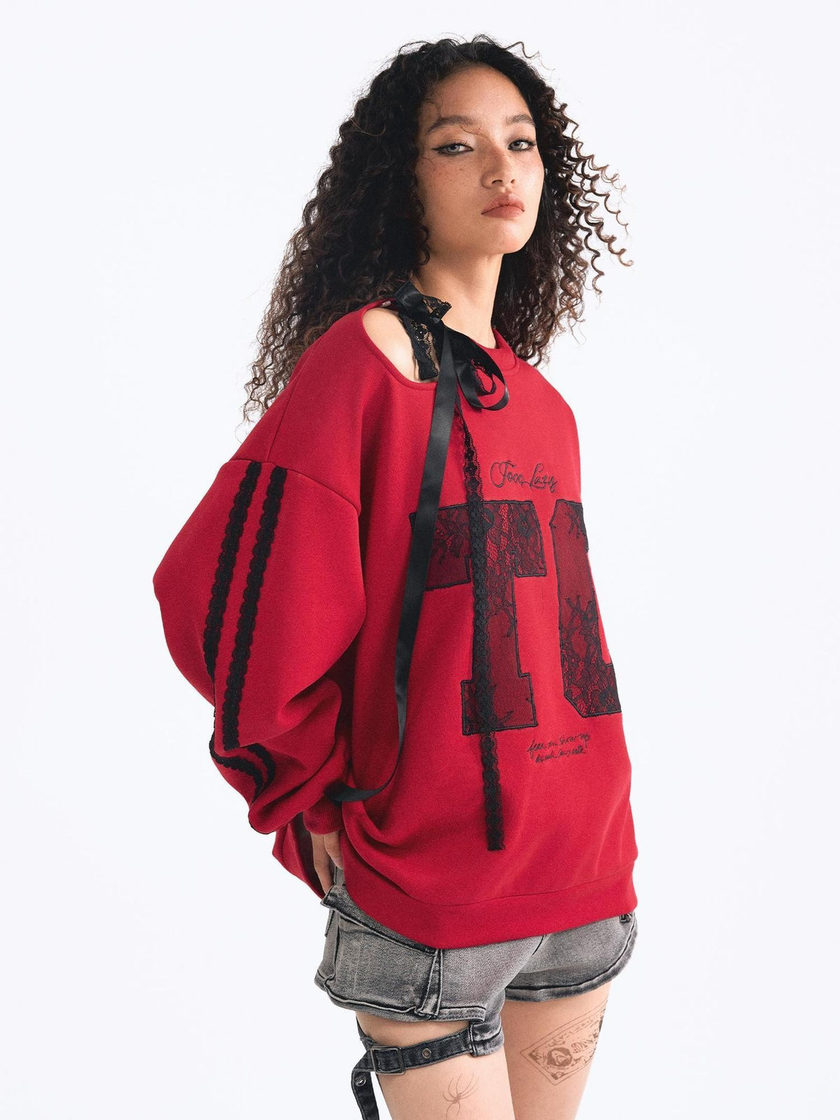 TOOOLAZY Red Embroidered Lace Off Shoulder Tie Detail Women's Casual Pullover Sweatshirts