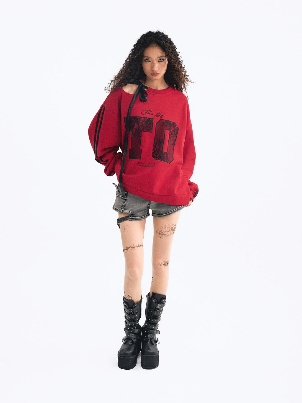 TOOOLAZY Red Embroidered Lace Off Shoulder Tie Detail Women's Casual Pullover Sweatshirts