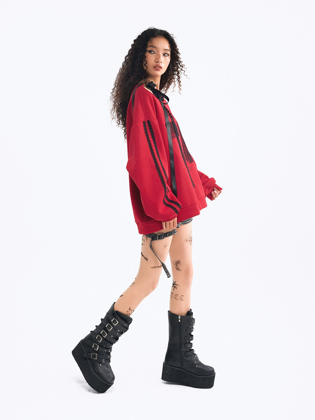TOOOLAZY Red Embroidered Lace Off Shoulder Tie Detail Women's Casual Pullover Sweatshirts