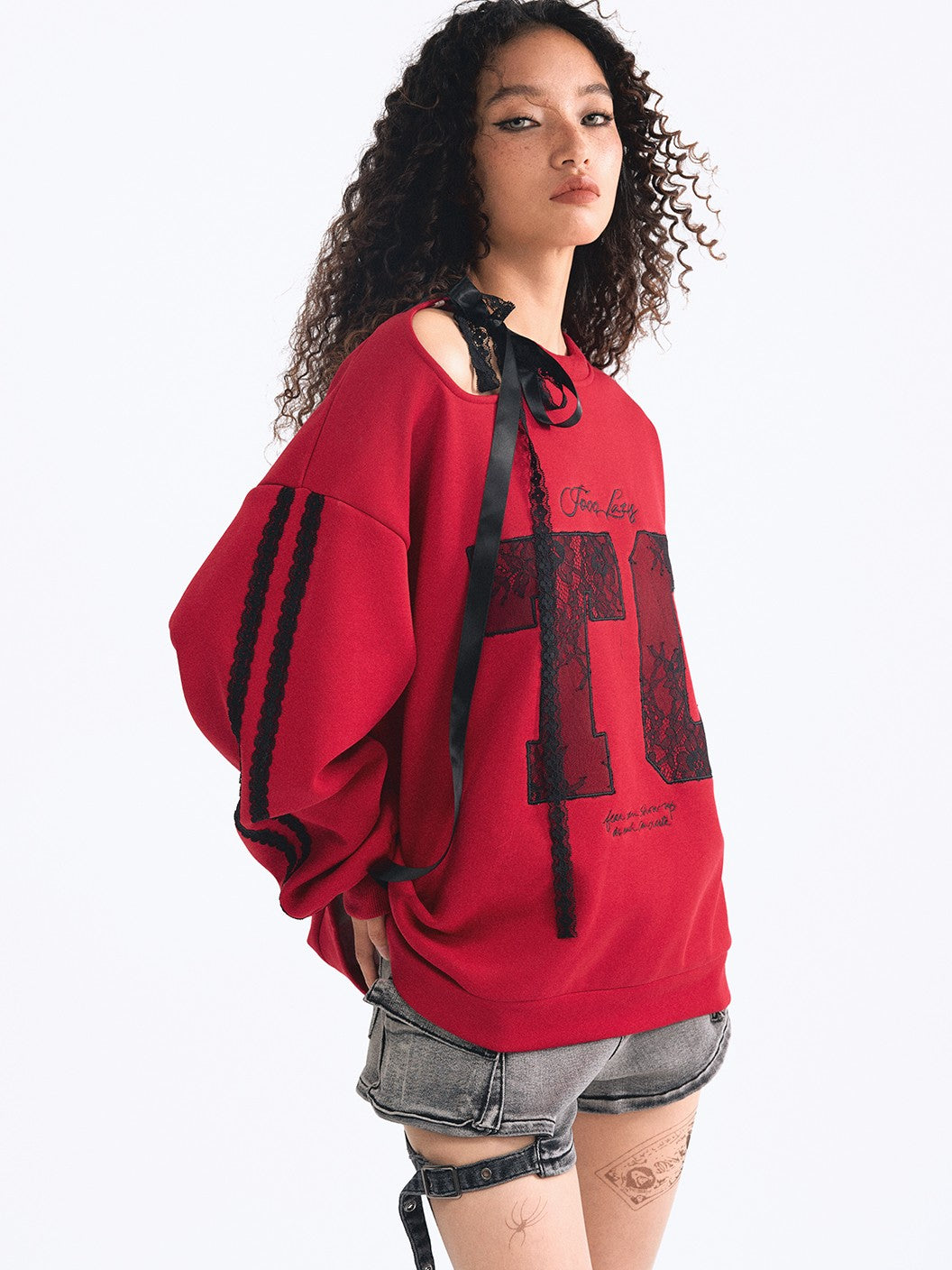 TOOOLAZY Red Embroidered Lace Off Shoulder Tie Detail Women's Casual Pullover Sweatshirts