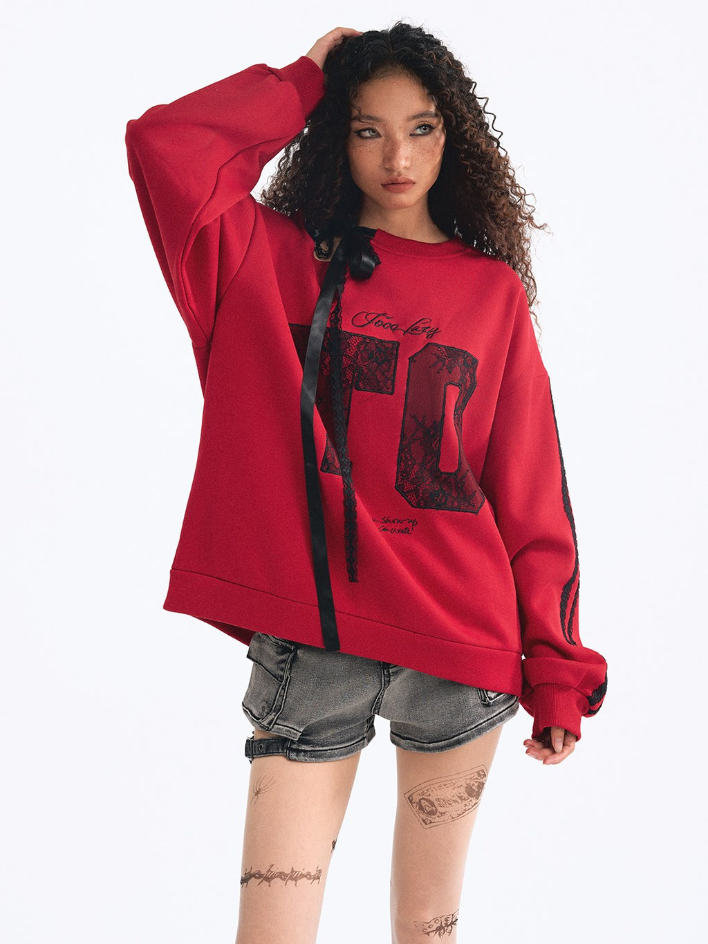TOOOLAZY Red Embroidered Lace Off Shoulder Tie Detail Women's Casual Pullover Sweatshirts