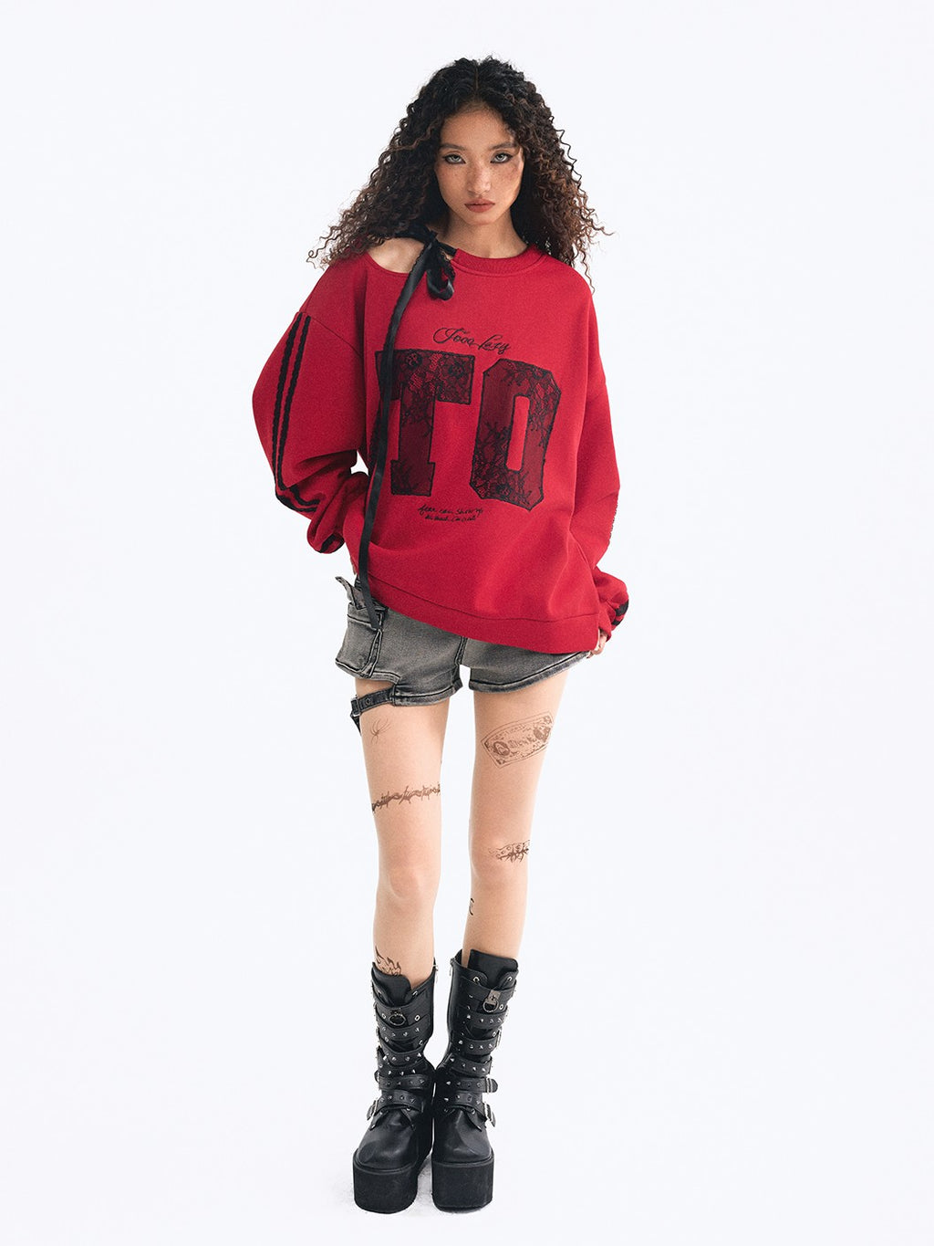 TOOOLAZY Red Embroidered Lace Off Shoulder Tie Detail Women's Casual Pullover Sweatshirts