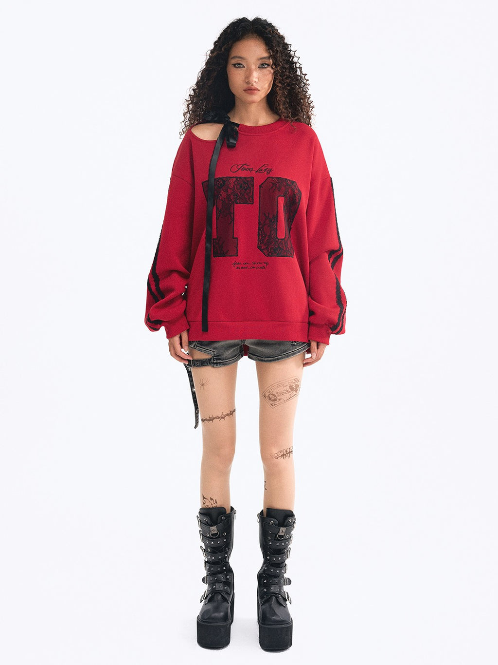 TOOOLAZY Red Embroidered Lace Off Shoulder Tie Detail Women's Casual Pullover Sweatshirts