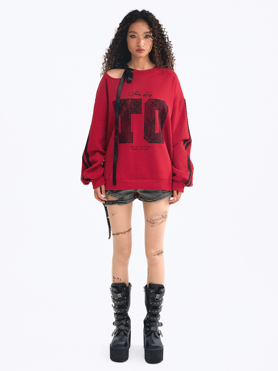 TOOOLAZY Red Embroidered Lace Off Shoulder Tie Detail Women's Casual Pullover Sweatshirts