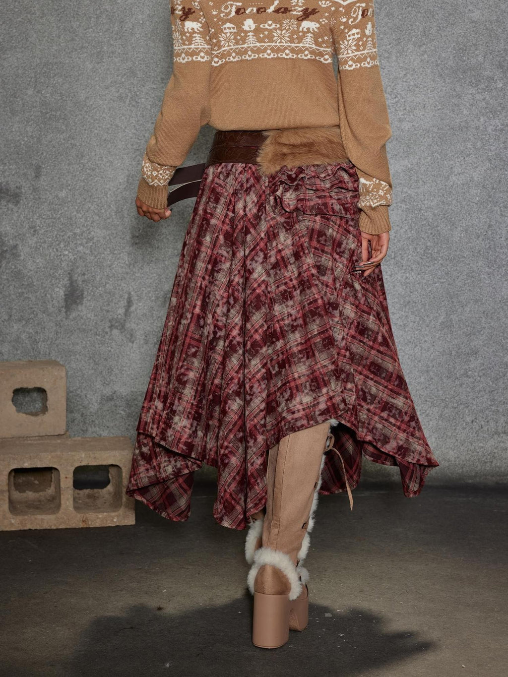 TOOOLAZY Red Plaid Asymmetric Belted Women's Viscose Irregular Hem Maxi Skirts