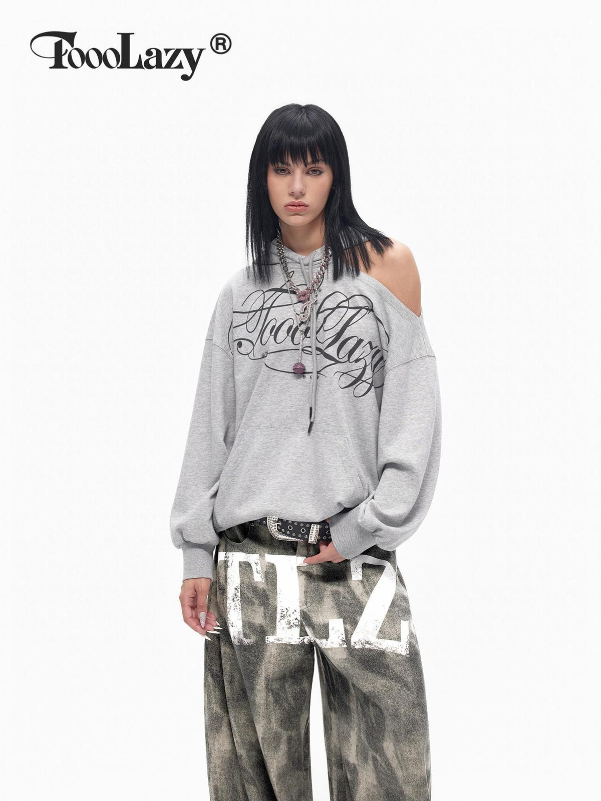 TOOOLAZY Retro Printed Asymmetric Neck Off Shoulder Loose Women's Cotton Lined Hoodies