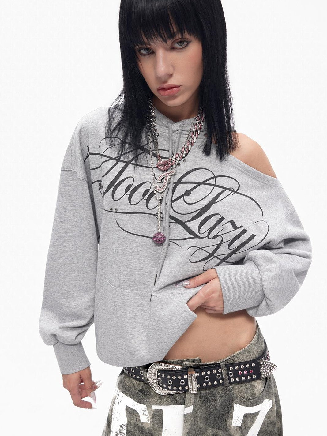 TOOOLAZY Retro Printed Asymmetric Neck Off Shoulder Loose Women's Cotton Lined Hoodies