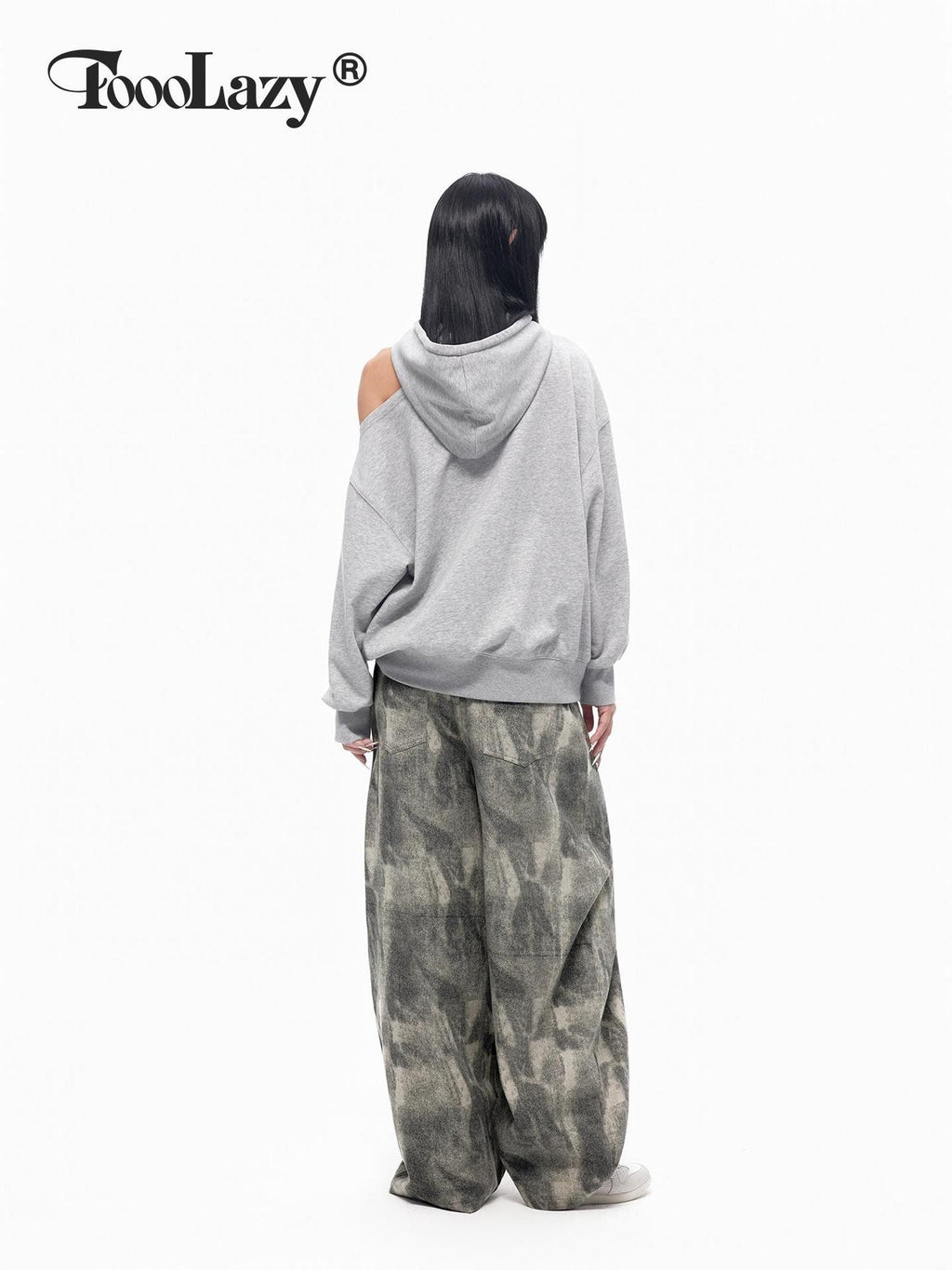 TOOOLAZY Retro Printed Asymmetric Neck Off Shoulder Loose Women's Cotton Lined Hoodies