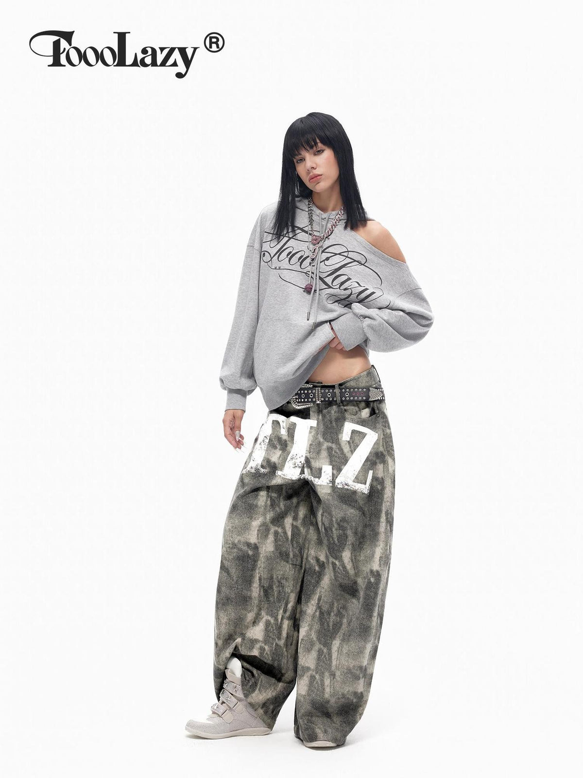 TOOOLAZY Retro Printed Asymmetric Neck Off Shoulder Loose Women's Cotton Lined Hoodies