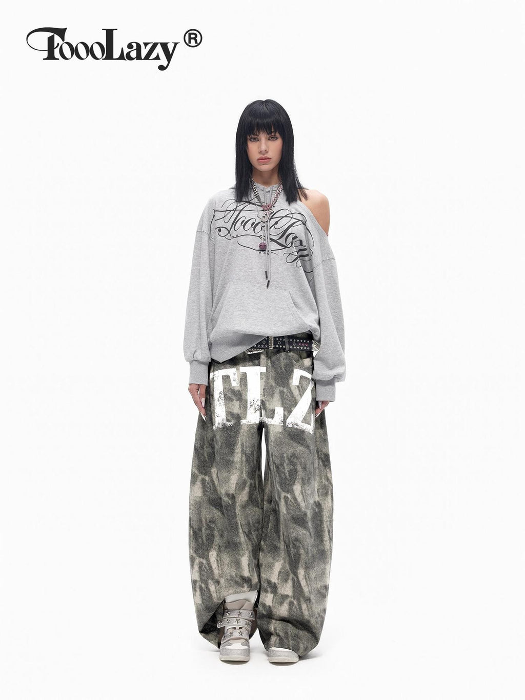 TOOOLAZY Retro Printed Asymmetric Neck Off Shoulder Loose Women's Cotton Lined Hoodies