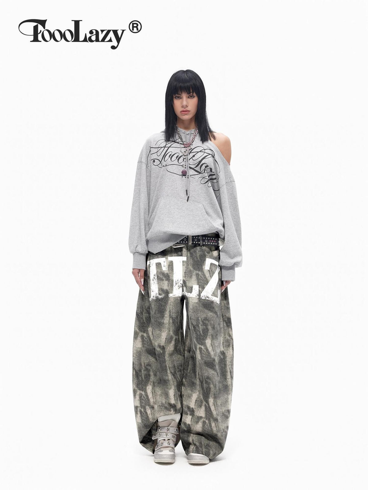 TOOOLAZY Retro Printed Asymmetric Neck Off Shoulder Loose Women's Cotton Lined Hoodies