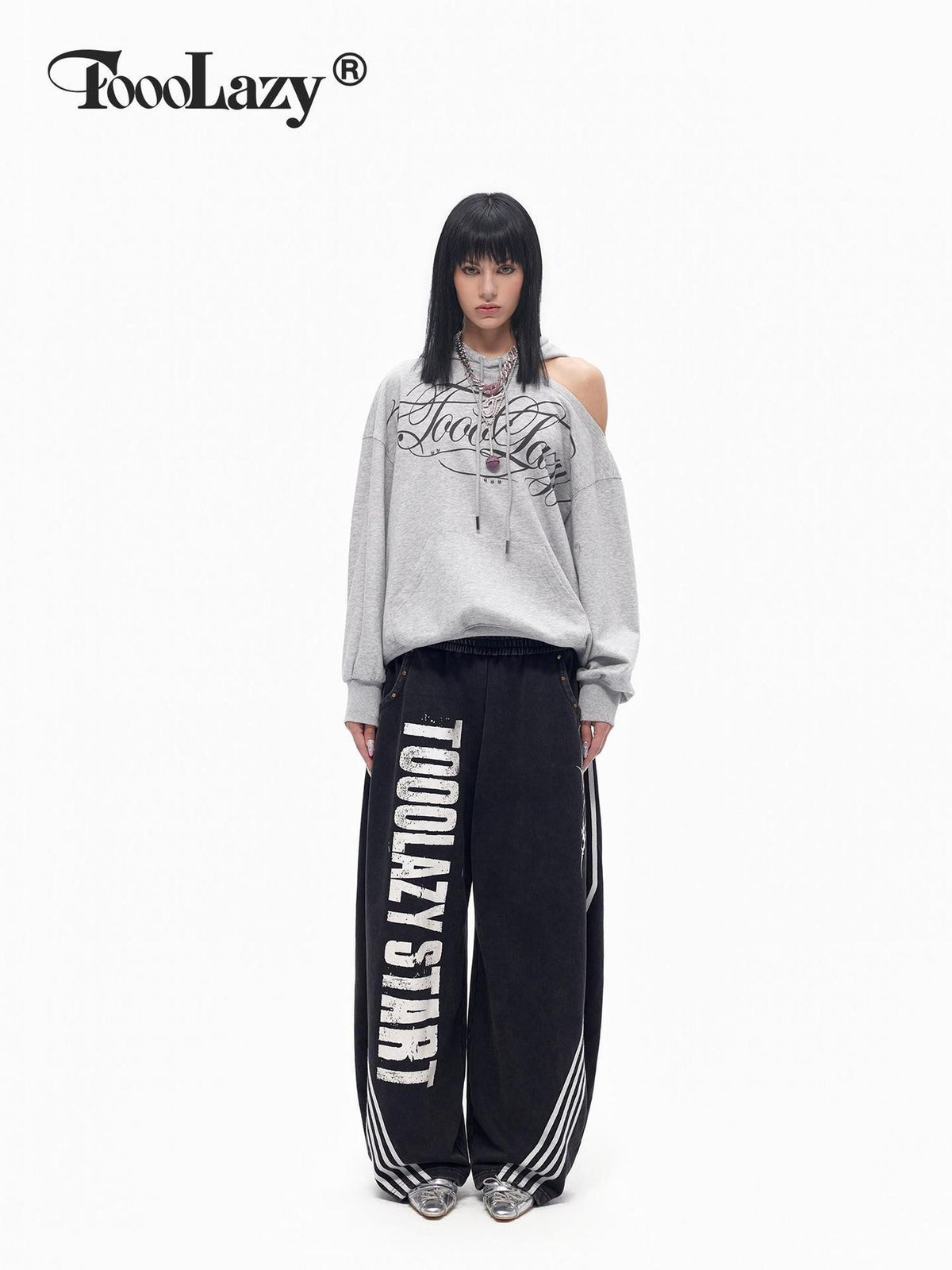 TOOOLAZY Retro Printed Asymmetric Neck Off Shoulder Loose Women's Cotton Lined Hoodies