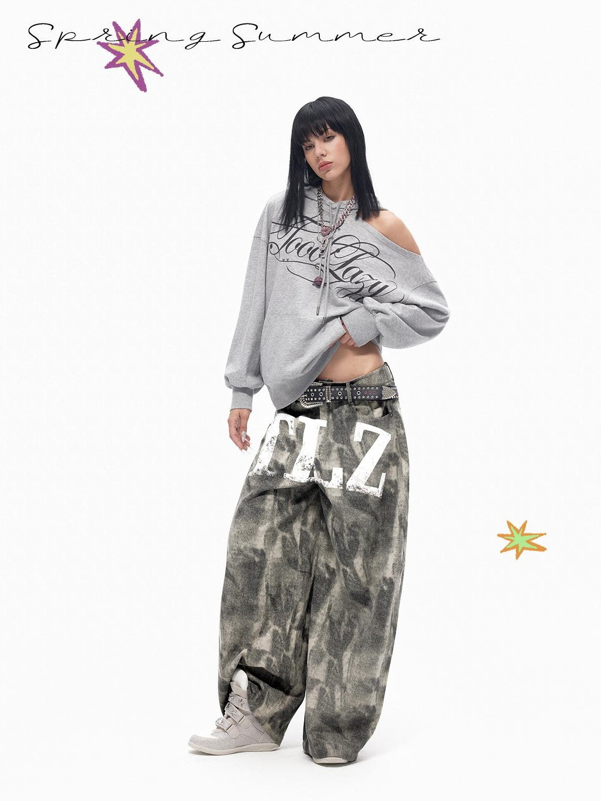 TOOOLAZY Retro Printed Asymmetric Neck Off Shoulder Loose Women's Cotton Lined Hoodies