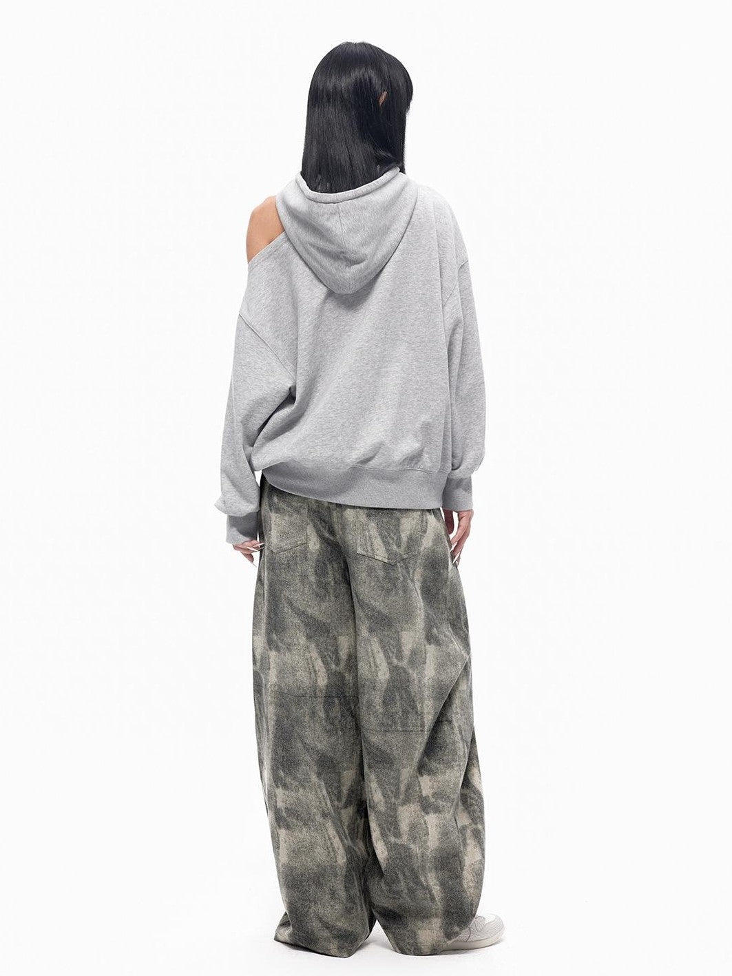 TOOOLAZY Retro Printed Asymmetric Neck Off Shoulder Loose Women's Cotton Lined Hoodies