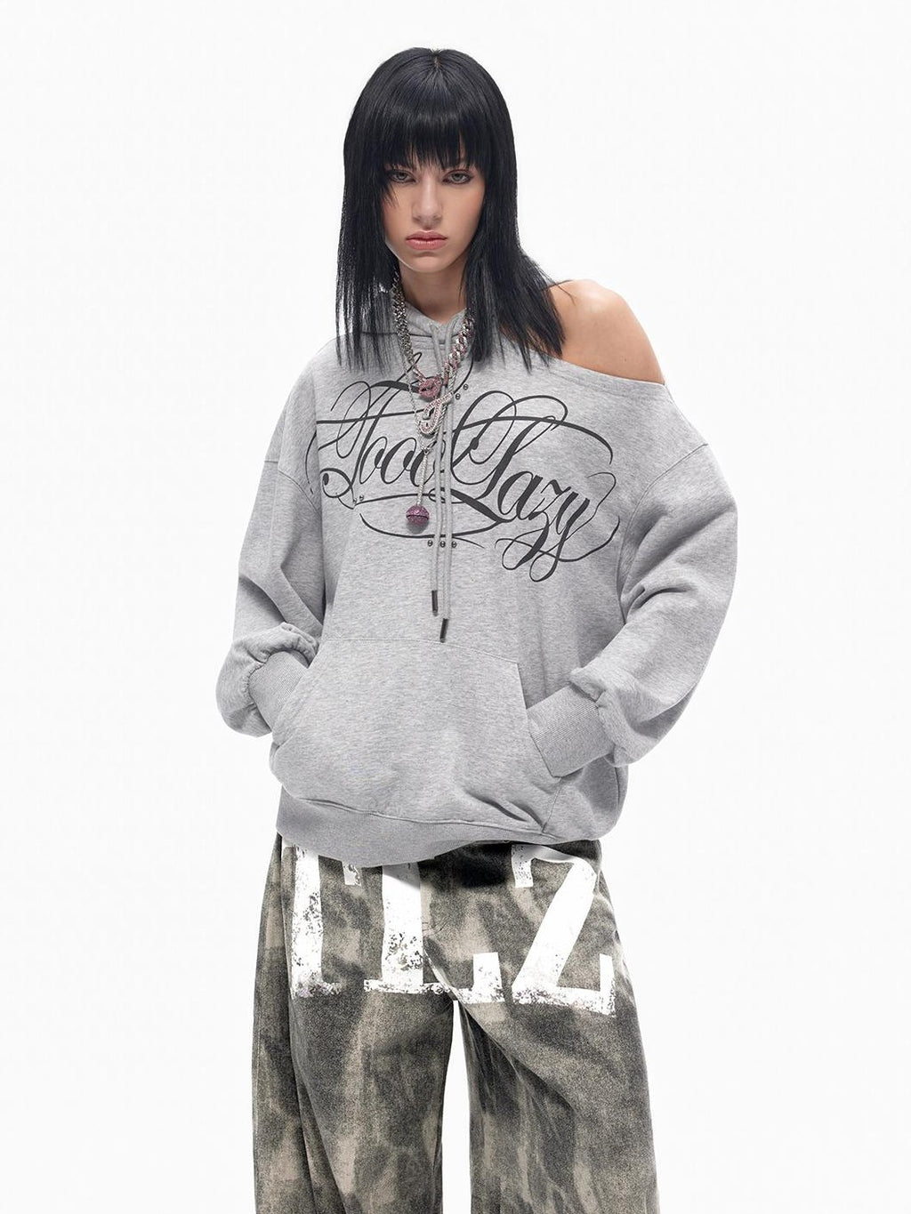 TOOOLAZY Retro Printed Asymmetric Neck Off Shoulder Loose Women's Cotton Lined Hoodies