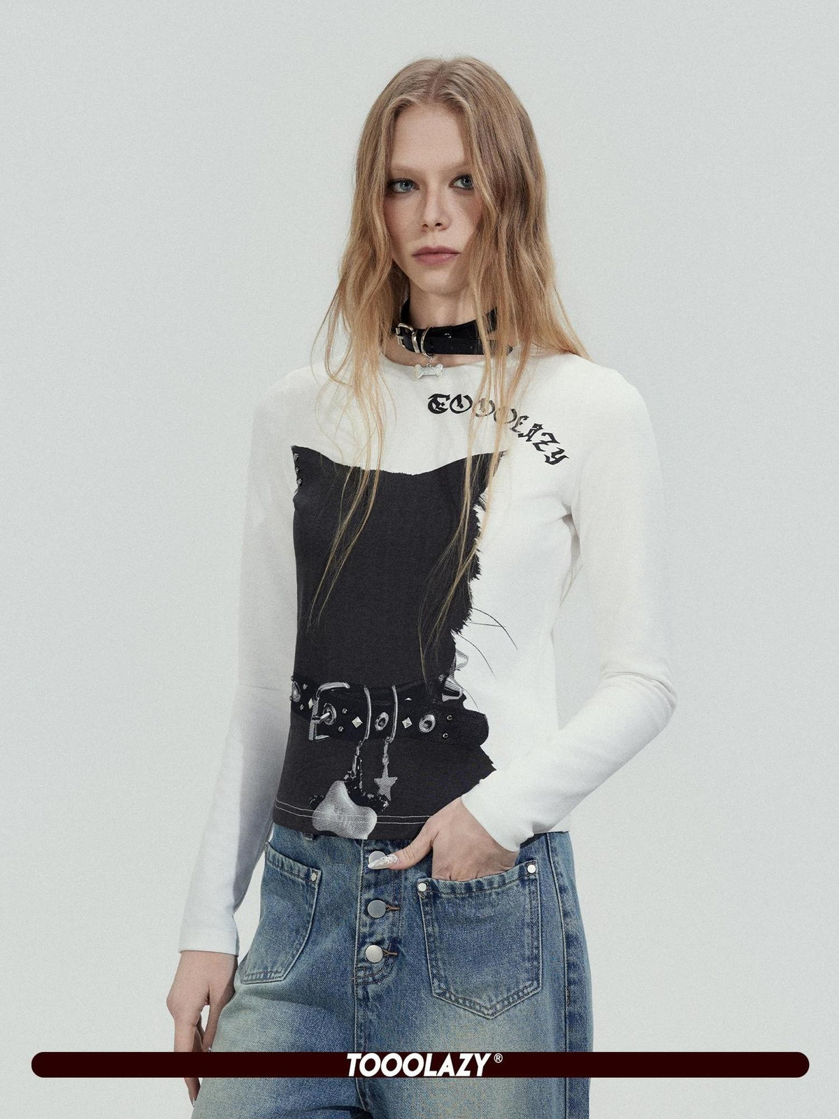 TOOOLAZY Rhinestone Lettering Print Women's Cotton Stretch Long Sleeve T-shirts