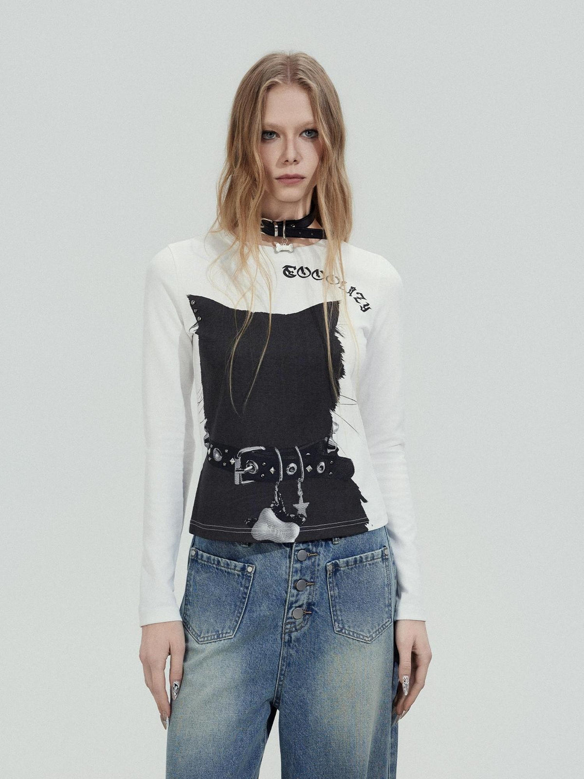 TOOOLAZY Rhinestone Lettering Print Women's Cotton Stretch Long Sleeve T-shirts
