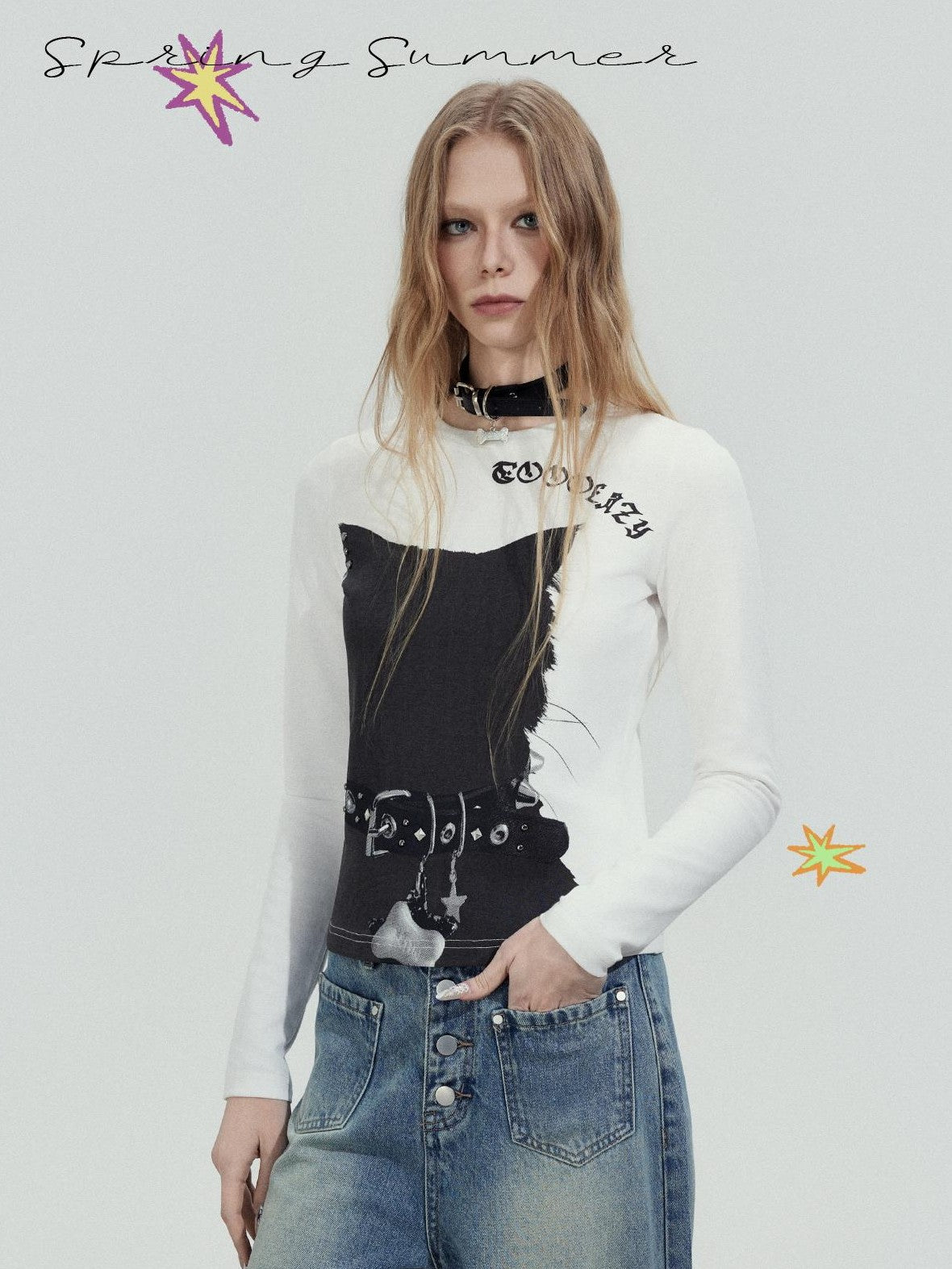 TOOOLAZY Rhinestone Lettering Print Women's Cotton Stretch Long Sleeve T-shirts