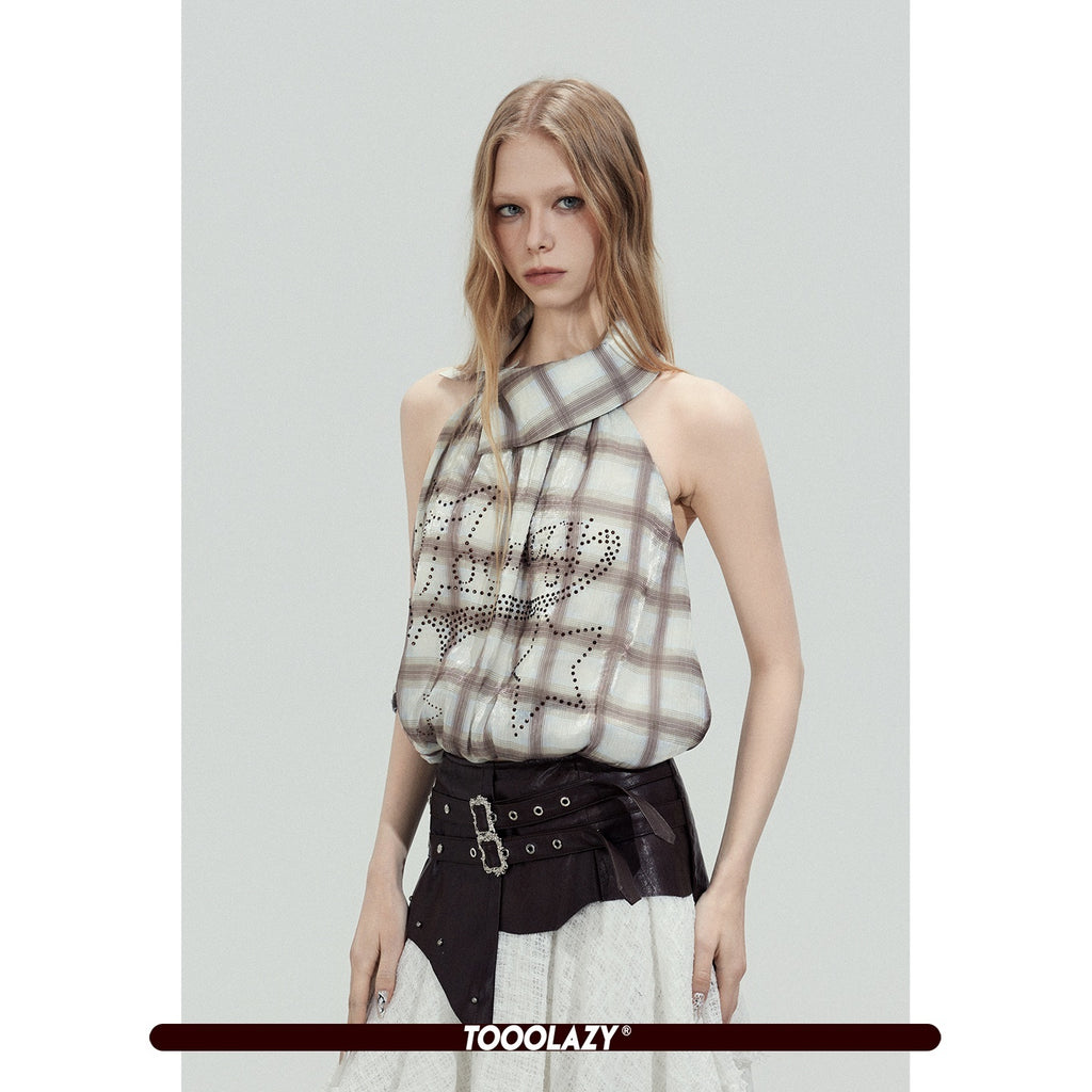 TOOOLAZY_Rhinestone_Organza_Bow_Check_High_Neck_Women's_Polyester_Halter_Tops_1022022905349_MISSTT