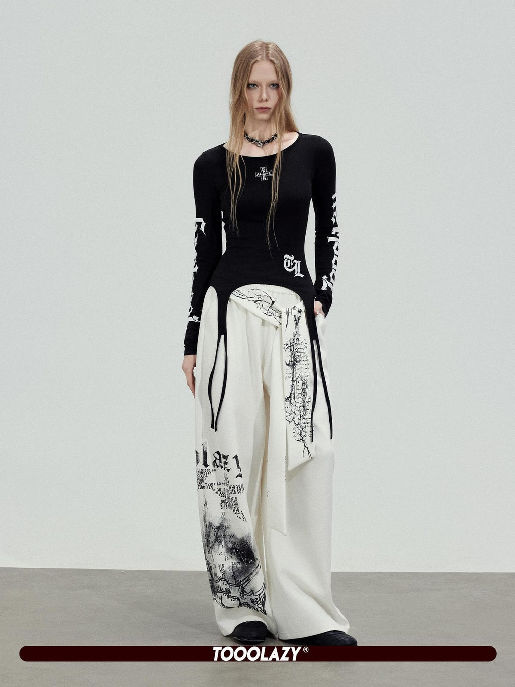 TOOOLAZY Ribbon Printed Casual Natural Waist Women's Cotton Wide-leg Pants