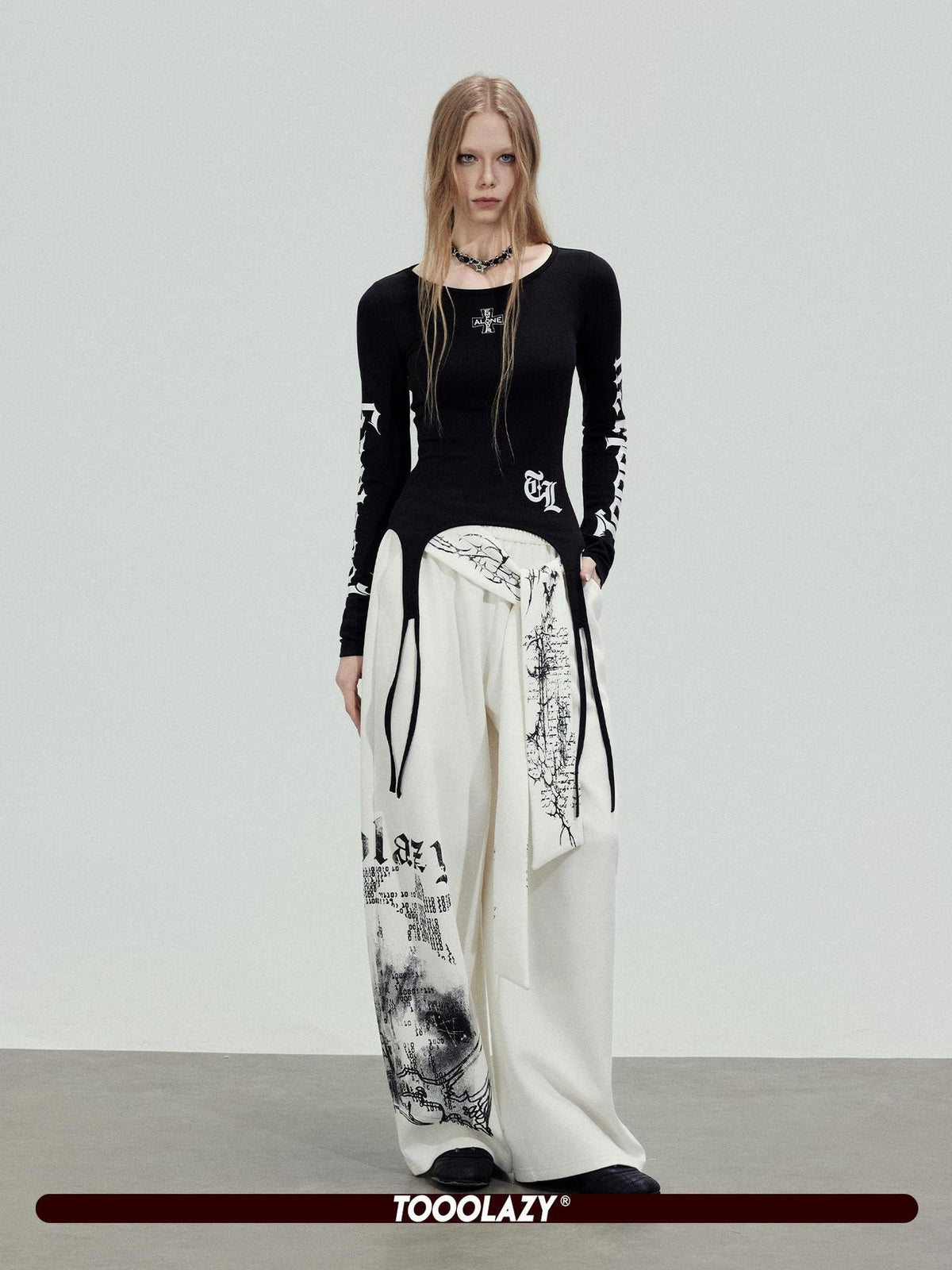 TOOOLAZY Ribbon Printed Casual Natural Waist Women's Cotton Wide-leg Pants