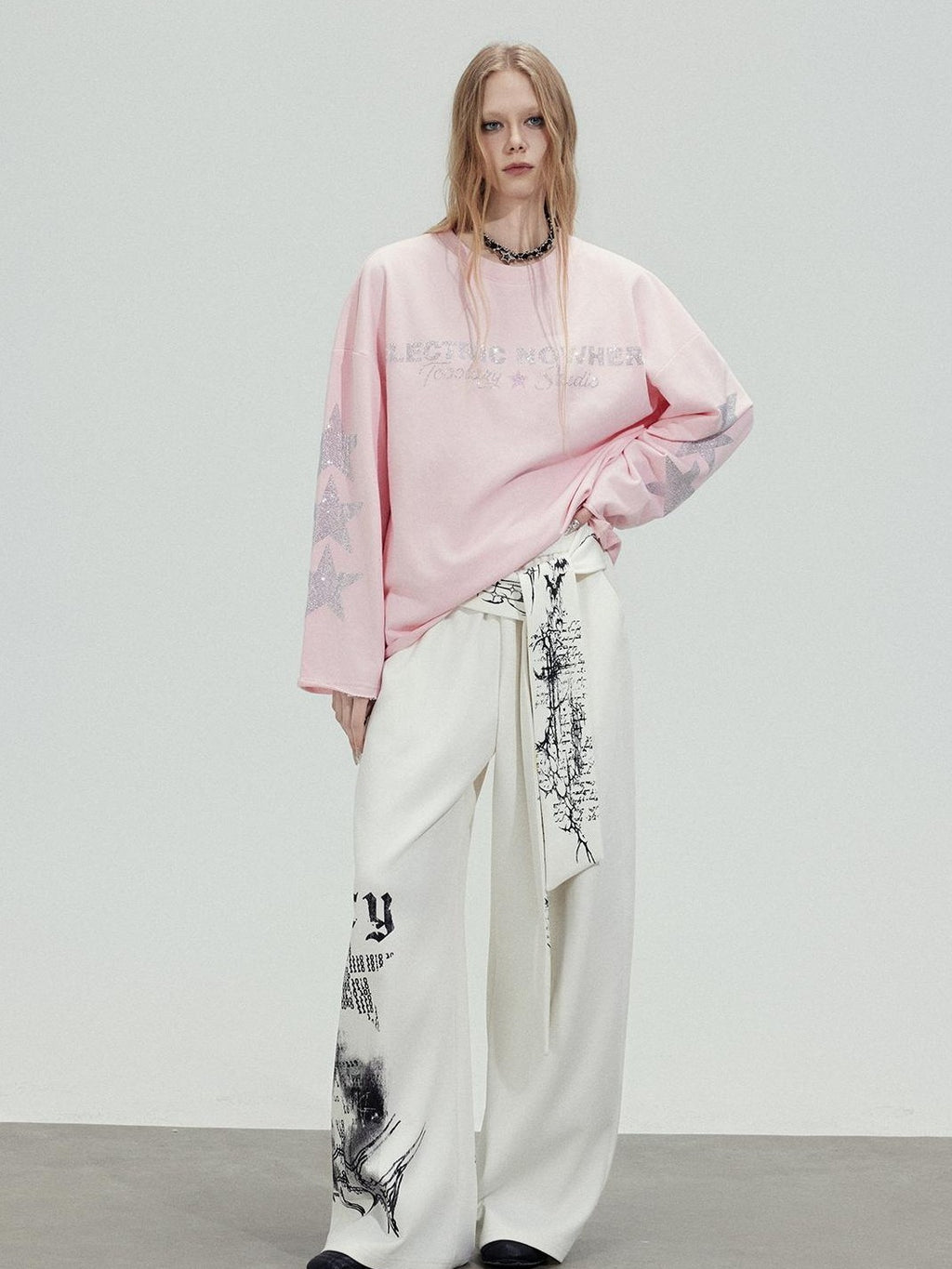 TOOOLAZY Ribbon Printed Casual Natural Waist Women's Cotton Wide-leg Pants