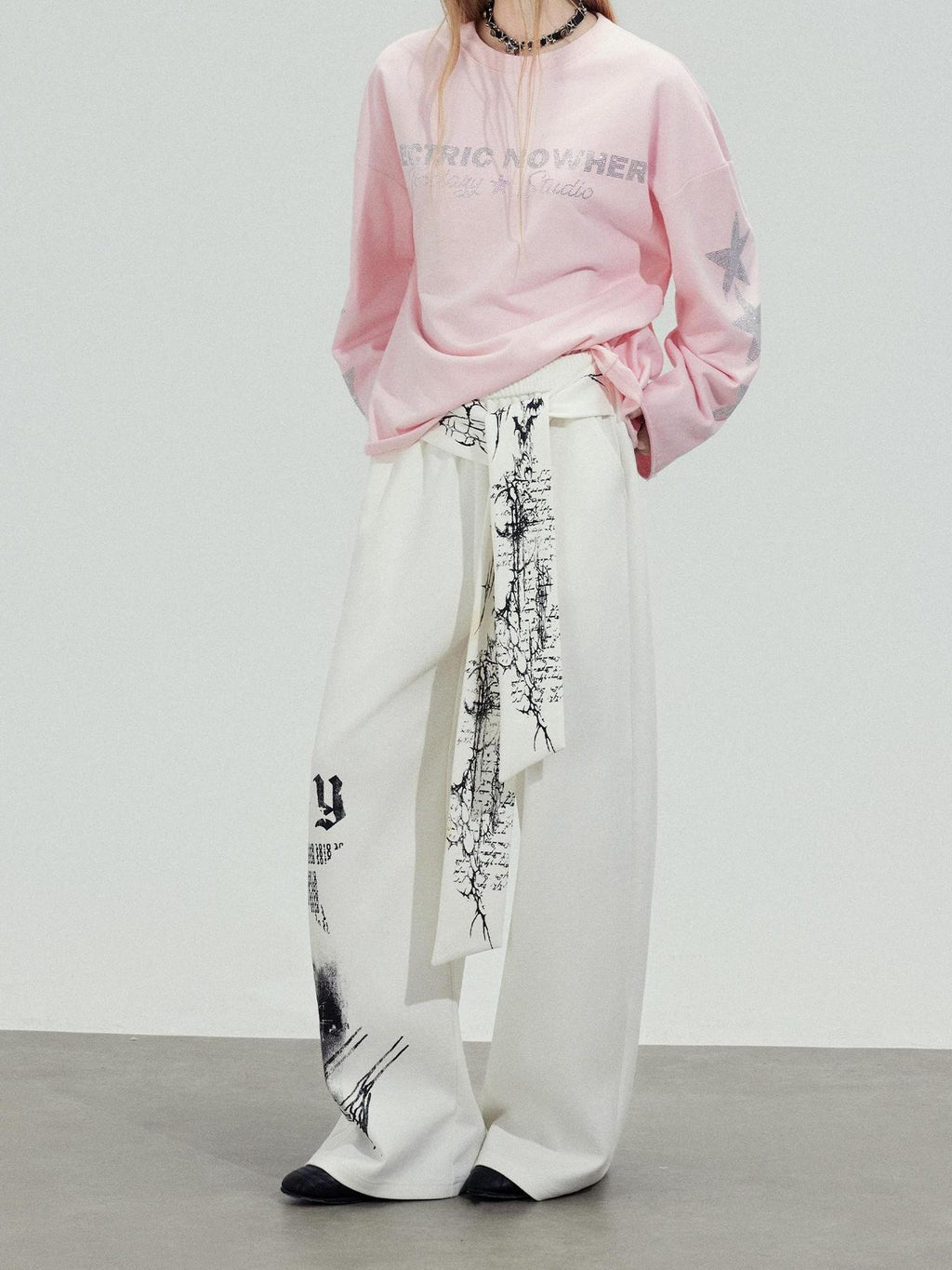 TOOOLAZY Ribbon Printed Casual Natural Waist Women's Cotton Wide-leg Pants