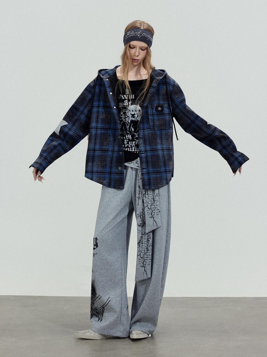 TOOOLAZY Ribbon Printed Casual Natural Waist Women's Cotton Wide-leg Pants
