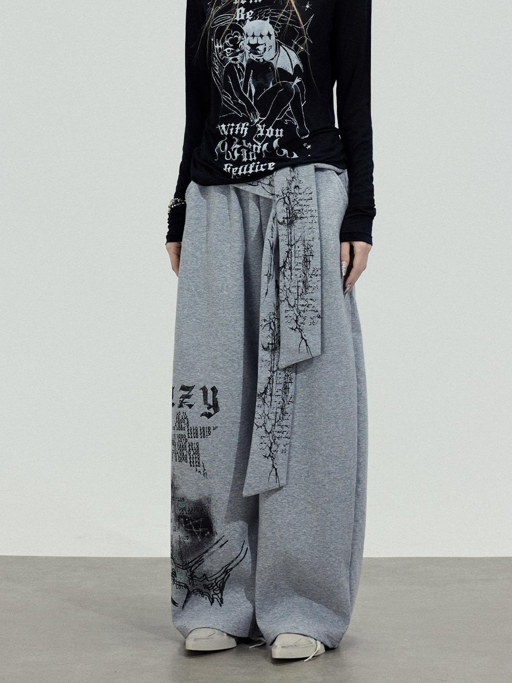TOOOLAZY Ribbon Printed Casual Natural Waist Women's Cotton Wide-leg Pants