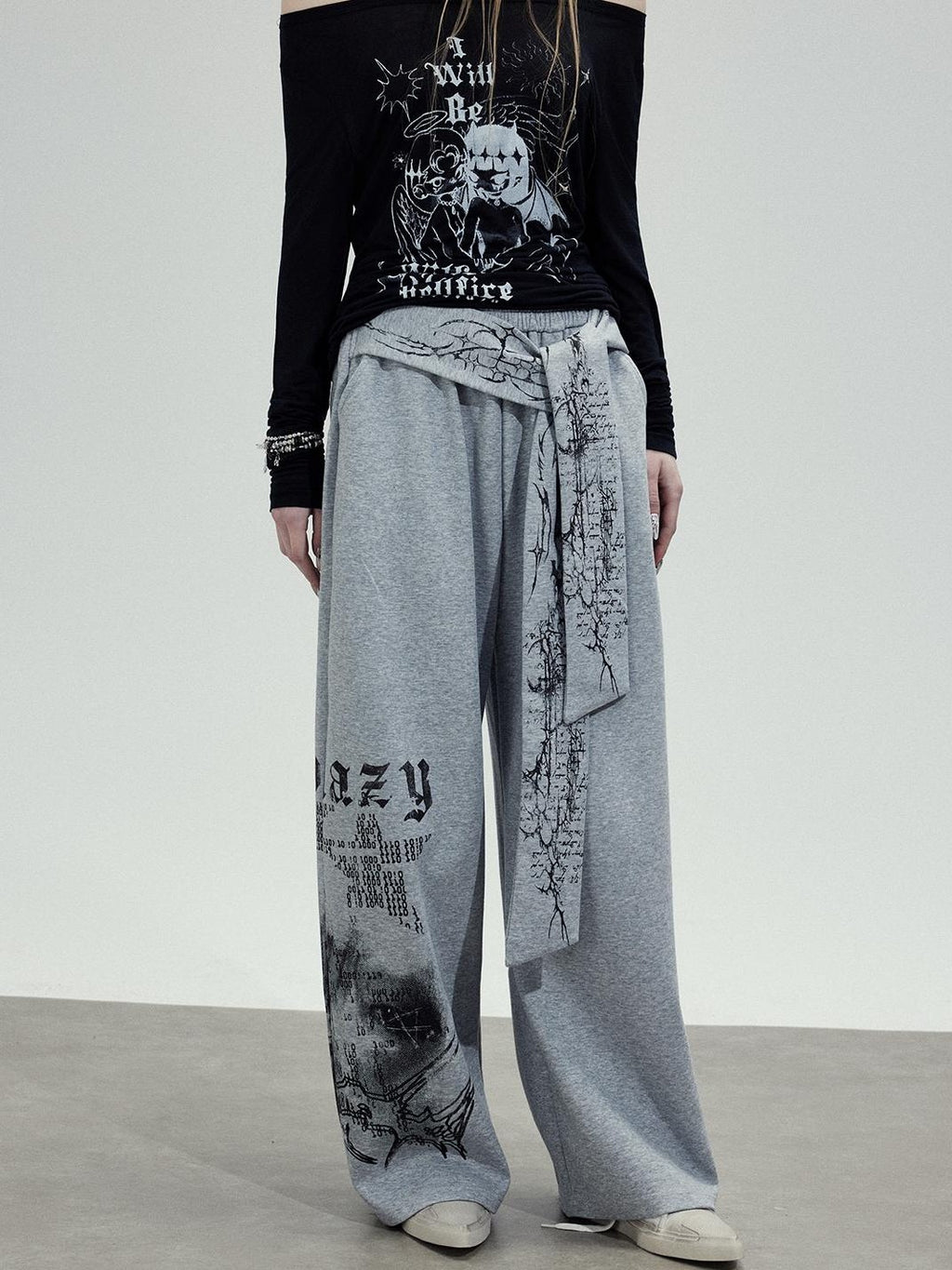 TOOOLAZY Ribbon Printed Casual Natural Waist Women's Cotton Wide-leg Pants
