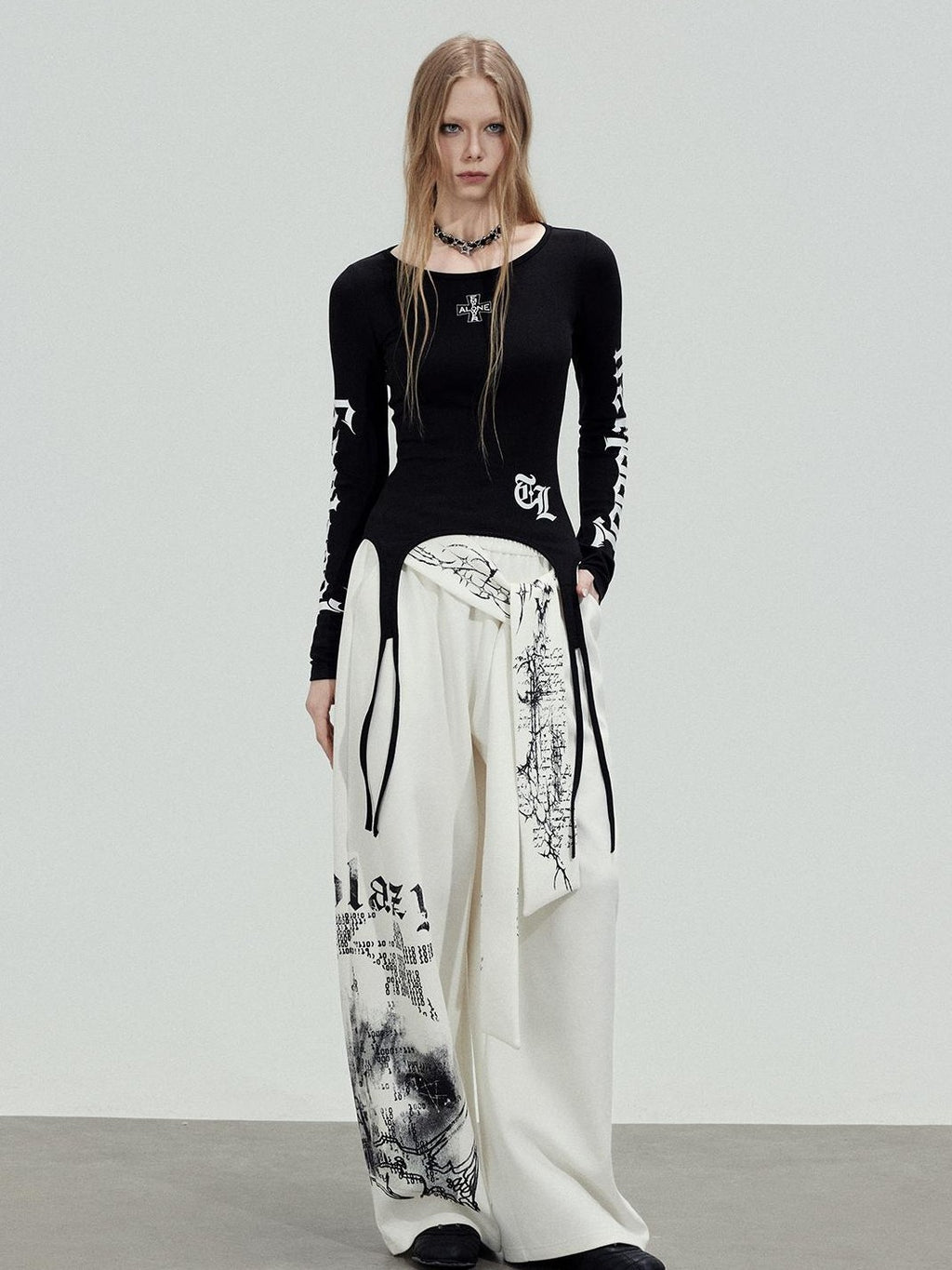 TOOOLAZY Ribbon Printed Casual Natural Waist Women's Cotton Wide-leg Pants