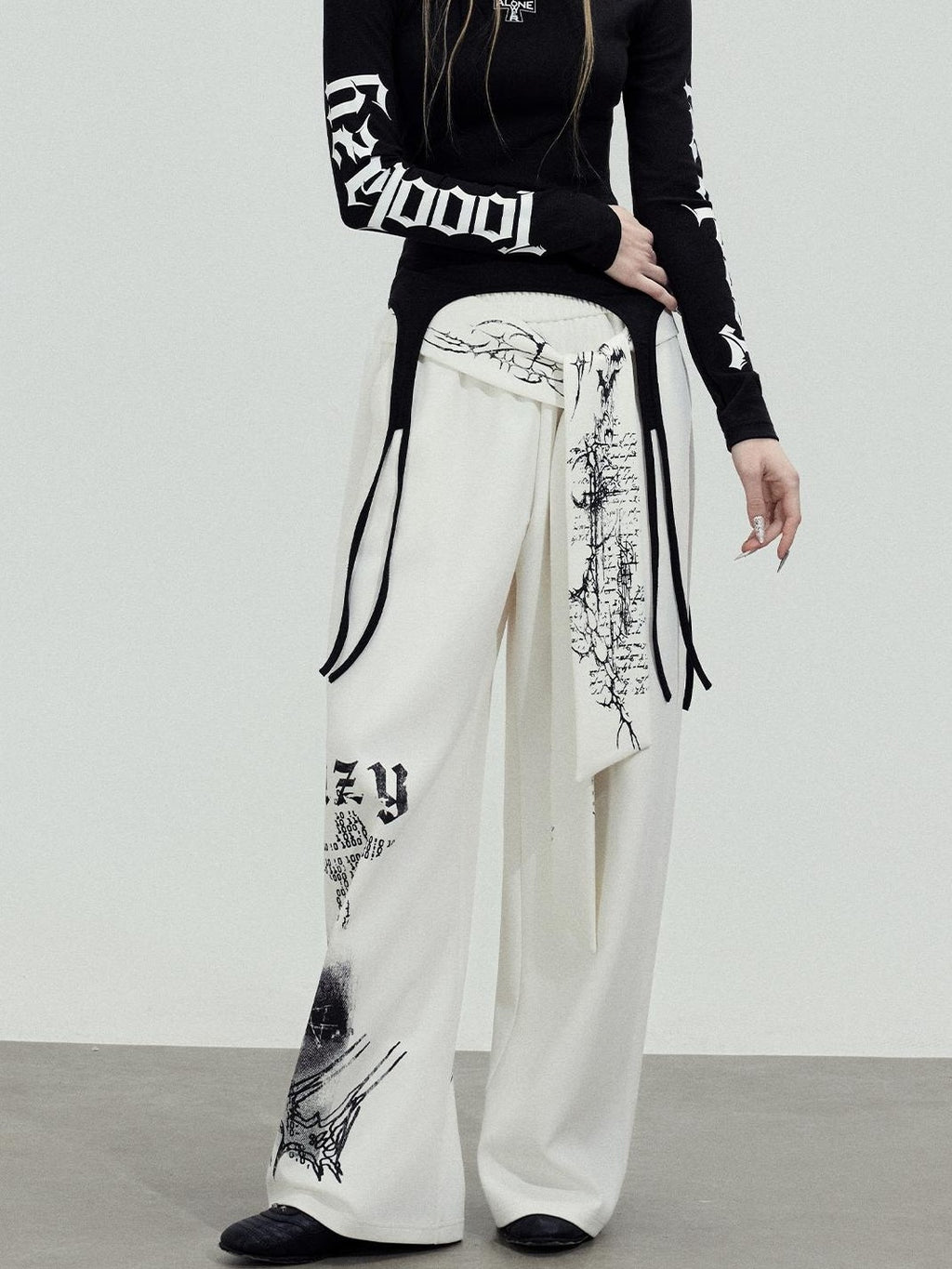 TOOOLAZY Ribbon Printed Casual Natural Waist Women's Cotton Wide-leg Pants