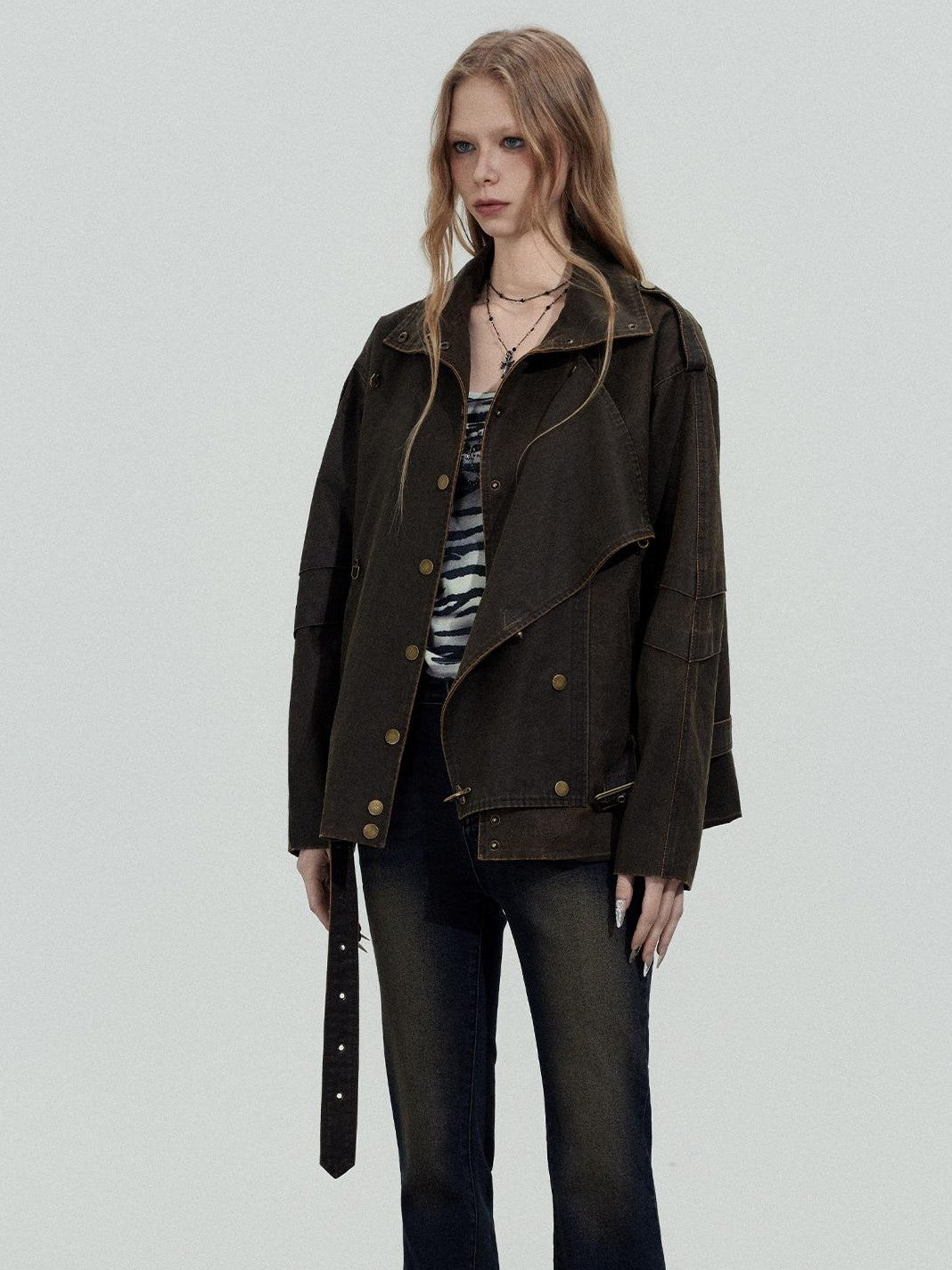 TOOOLAZY Rugged Wasteland Loose Zip Long Sleeve Women's Cotton Blend Leather Jackets
