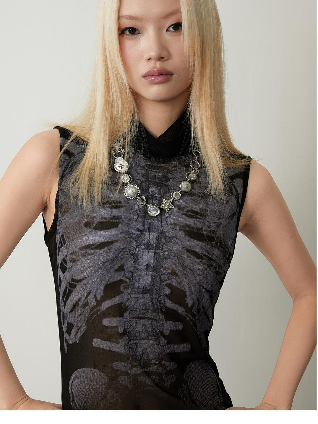 TOOOLAZY Skull Print Mock Neck Slim Fit Women's Sheer Polyester Mesh Tank Tops