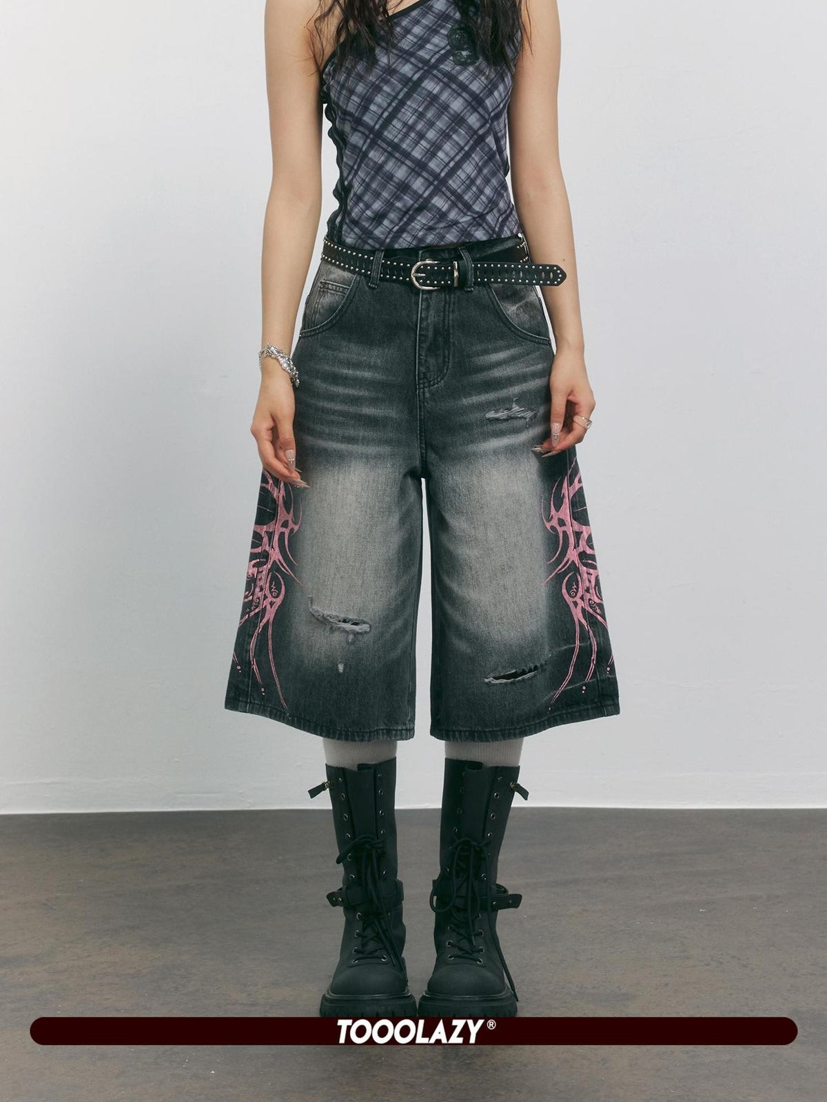 TOOOLAZY Smoky Gray Vintage Wash Distressed Print Women's Cotton Blend Wide-leg Jeans