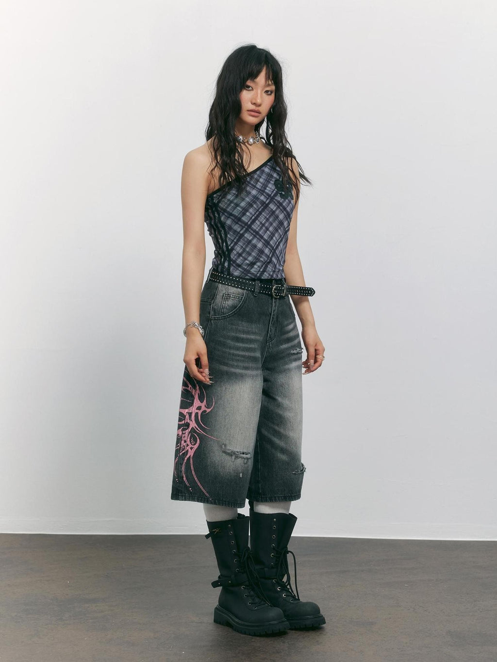 TOOOLAZY Smoky Gray Vintage Wash Distressed Print Women's Cotton Blend Wide-leg Jeans